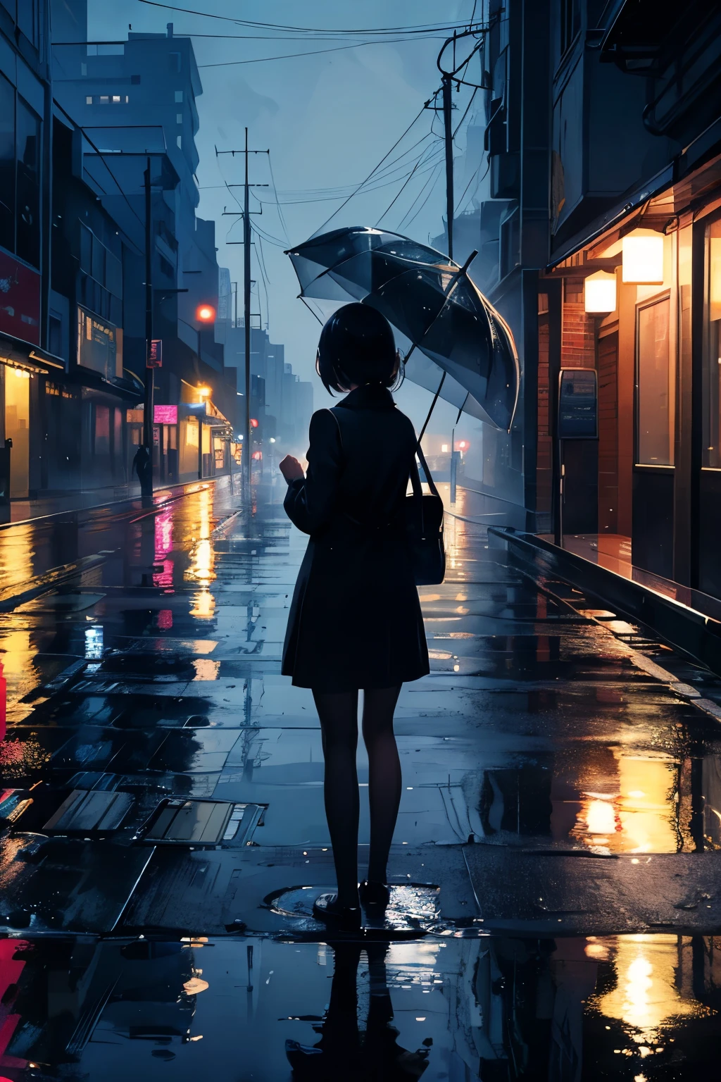 Back view of a girl sheltering from the rain。Looking out at the city in the midnight rain。Reflecting city lights reflected in a puddle。