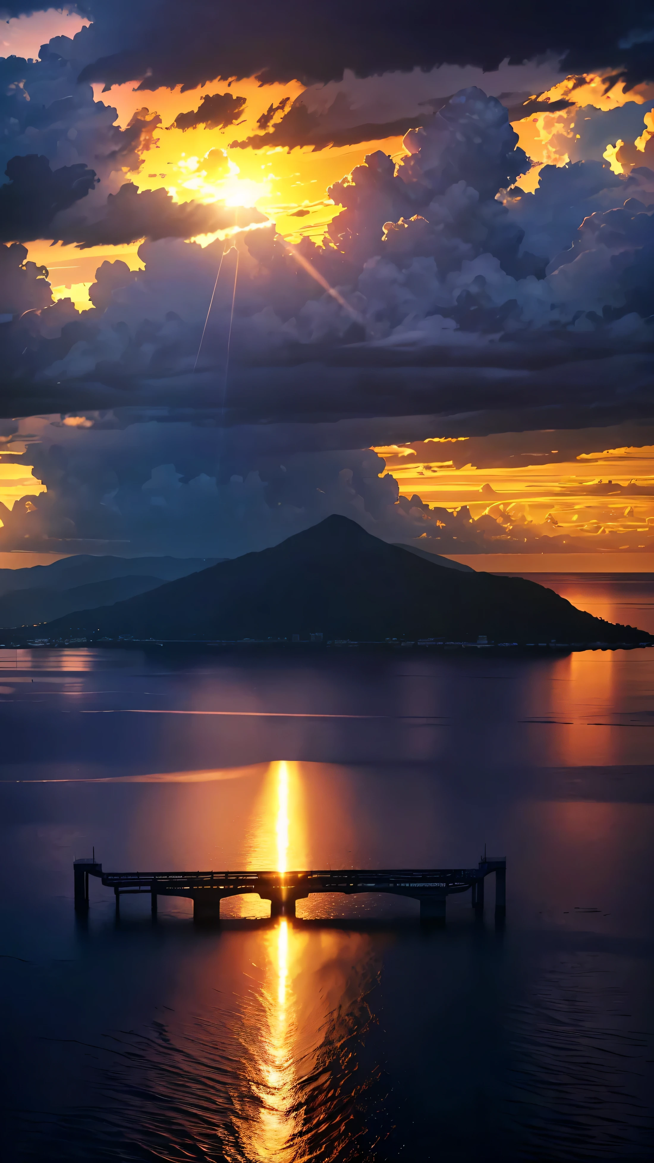 (Ultra-realistic:1.2), High resolution, (Bright colors, High resolution:1.1), (Sharp focus:1.1), (Physically Based Rendering:1.1), Tyndall effect, Colorful lights, (((Light shines through the gaps in the clouds))), Beautiful perspective, Contrasting Shadows, moving composition, Realistic landscape, unique configuration, Soft texture, Intricate details, Mysterious atmosphere, An artistic exploration of light and shadow,Angel Ladder、Golden dazzling light、Sunlight reflecting off the ocean surface、A world view that will captivate all who see it、