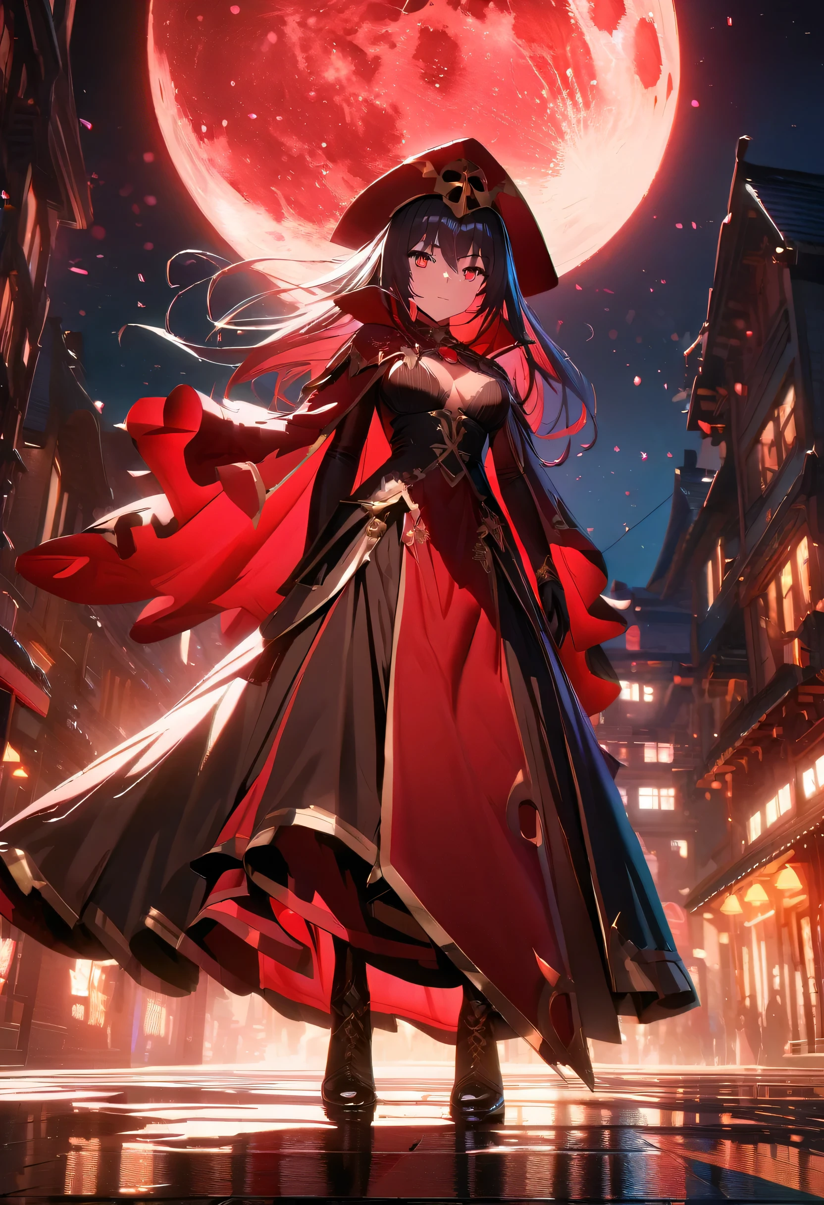 Red Necromancer, Blood Moon, Ray Tracing, masterpiece, highest quality, super high quality, Absurd detailed, best Light, Best Shadow, sharp, sharp image, detailed, extremely detailed, Amazing resolution, 8k, 4K, Ultra-high resolution, Particle Effects, Beautiful Effects, Vibrant colors, neon Light, neon, Light,