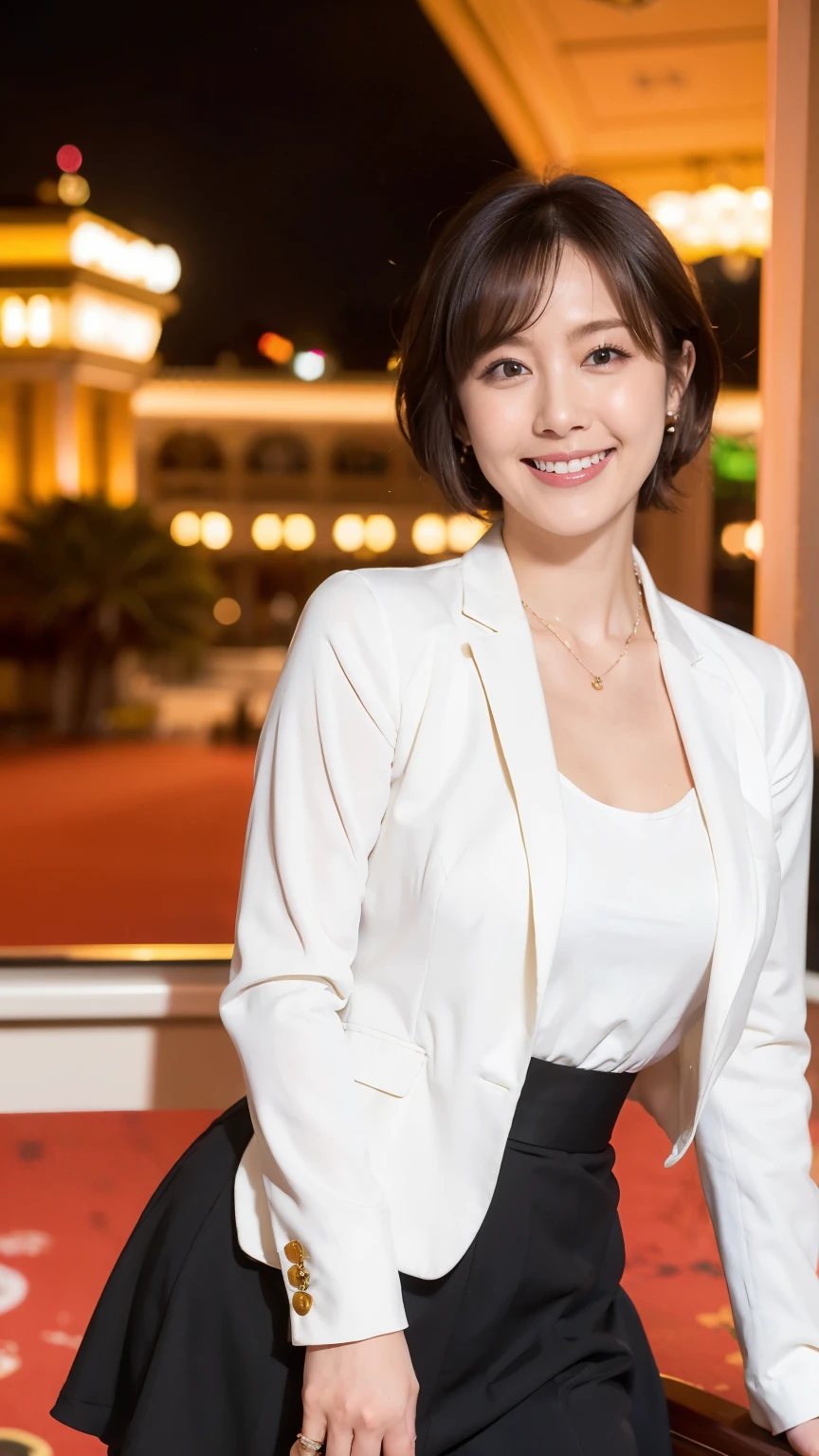 (RAW Photos:1.2), (Realistic:1.4),Beautiful detailed woman,非常にFine Eyesと顔, Fine Eyes, Very detailed,High resolution, Very detailed,highest quality,Awareness-raising,Unified,8k wallpaper,masterpiece,highest quality,1 female,alone,rich,Esbian all over,(A little chubby:0.85),Thick legs,alone,(Bright green business suit),(white ruffle blouse)、(Black long tight skirt:1.6),(pumps),jewelry, necklace ,short hair,A kind smile,A dignified atmosphere,black eye,Realistic,(In front of the Casino in Monaco:1.6)、Casino building in the background、blue sky、(Daytime sun)、(Stand upright:1.4)