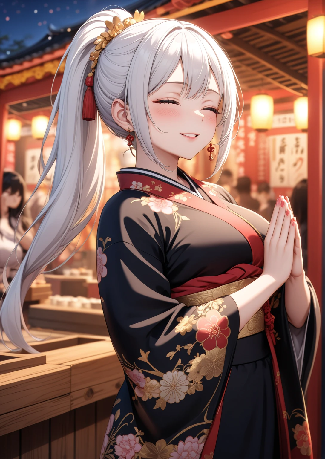 ((one personの女性)), Beautiful Face,Laugh shyly,((Close ~ eyes:1.5)),Laughing with your mouth open,turn bright red,Glossy pink lips,night,Shrine festival stalls,((Anime style background)),masterpiece, highest quality, so beautiful, up to date, Complex details, (Pink long nails),AI-generated, Complex,High resolution, highest quality, super high quality,3D Images、View your audience、3D Images,one person,Long white hair,High Ponytail,blue eyes,Anime woman posing for a photo, [[Fine grain、Colorful eyes、Shining Eyes:1.15]],(Squint your eyes:1.1),a hyperRealistic , hyperRealistic , Realistic,Long haired white haired anime woman, Smooth anime CG art, A woman in a colorful kimono with gold embroidery, (Black kimono),Red floral pattern,Long flower hair ornament,Big earrings,(Big Breasts:1.1),Mature Body,tall,Big Ass,Fine details,Tight waist,Abdominal muscles,(Face close-up:1.5),Tilt your face,Shooting from an angle,((Praying with hands together))