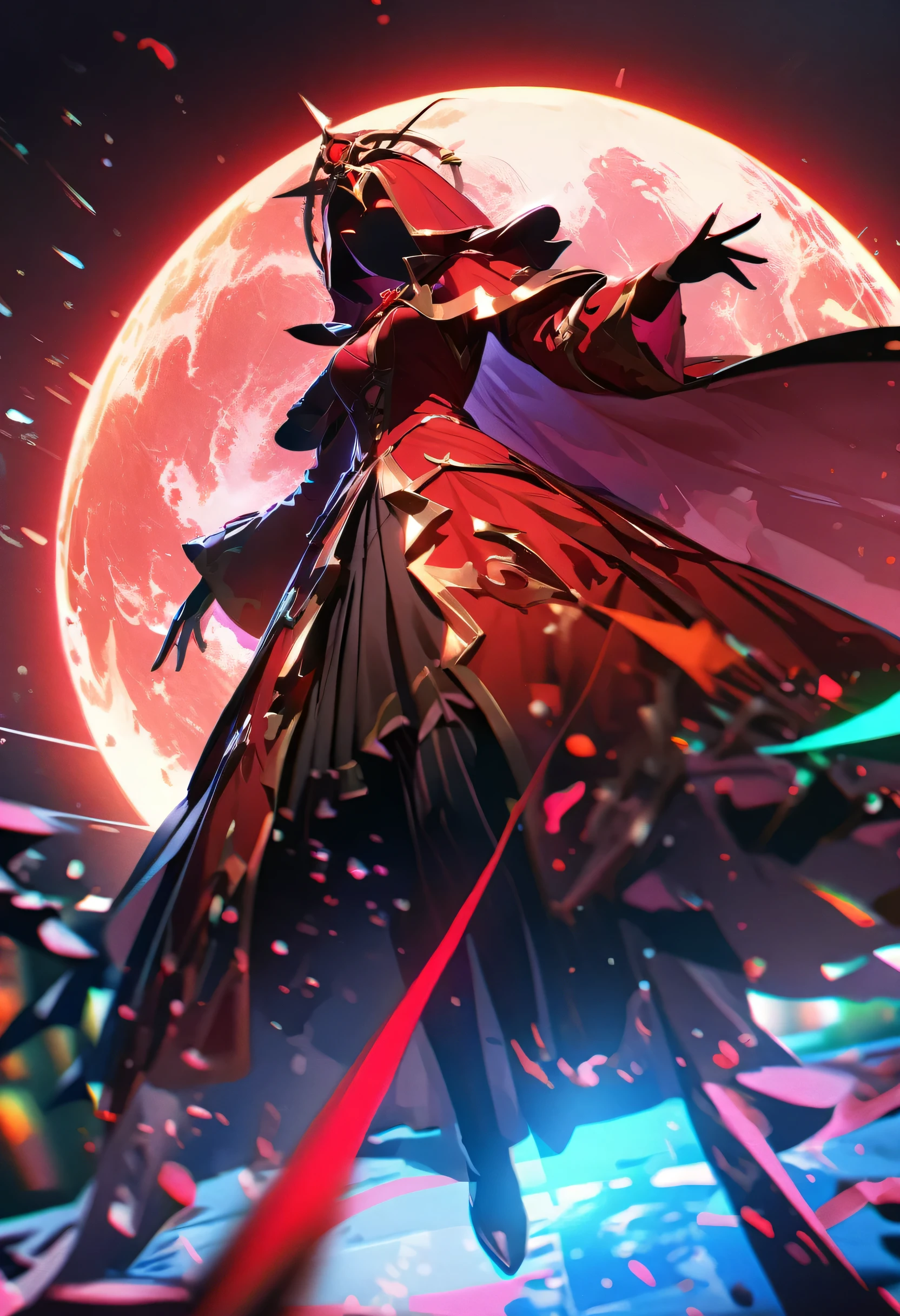 Red Necromancer, Blood Moon, Ray Tracing, masterpiece, highest quality, super high quality, Absurd detailed, best Light, Best Shadow, sharp, sharp image, detailed, extremely detailed, Amazing resolution, 8k, 4K, Ultra-high resolution, Particle Effects, Beautiful Effects, Vibrant colors, neon Light, neon, Light,