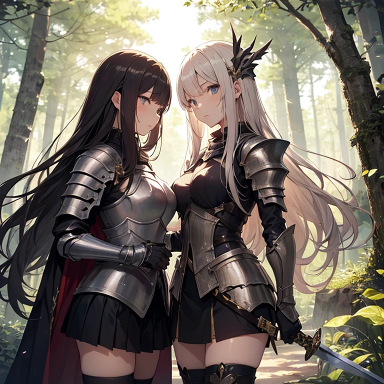 A group of  female knight, (in forest), various hair styles, harem, wearing armored clothes, metal armor, night, details face, , short skirt, seducing, sword 