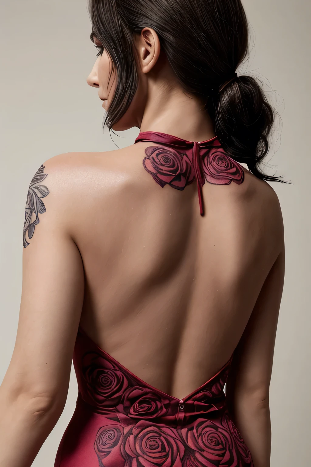 Woman's back view in a halter neck dress has a single rose tattooed on her back