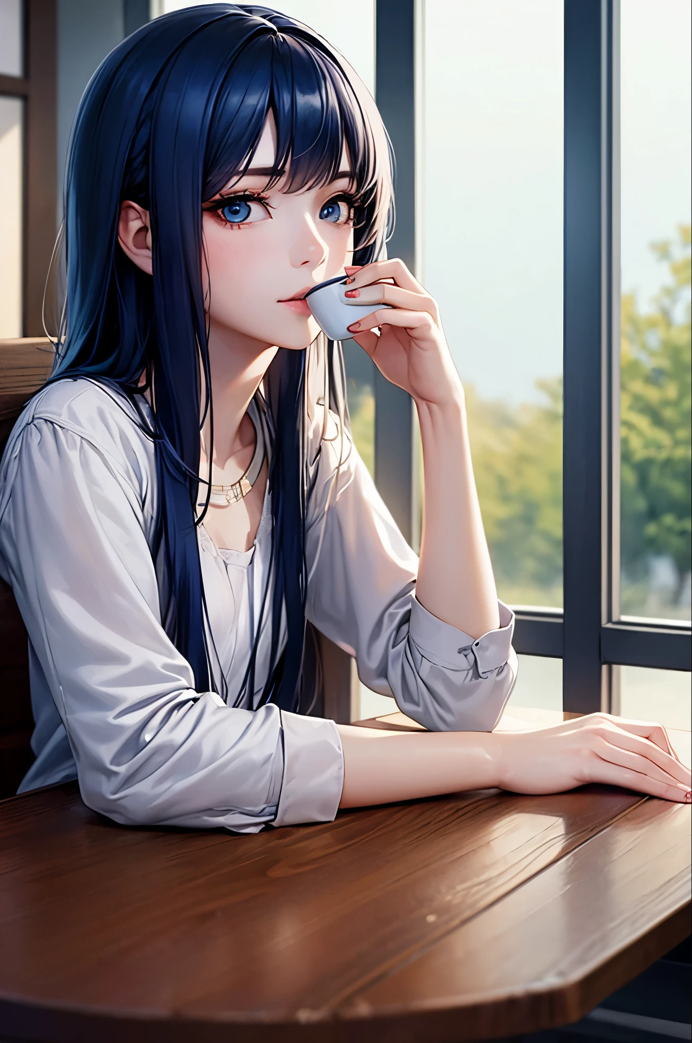 Korean woman sitting at a cafe table drinking coffee、Photos of Lee Gahyeon。Window sunlight, Blue Hair, Dynamic pose, Skin Texture, Pale skin, Shiny skin, (slim, small:1.2), [:(Sharp focus on the face, Detailed face, Perfect Eyes, View Viewer:1.2):0.2], Realistic, Film Grain, highest quality, masterpiece 