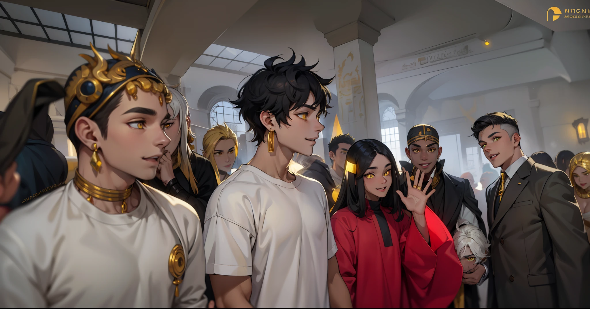 cute 18 year old boy yellow eyes white hair ancient egyptian clothing golden jewelry mischievous smile pocardia speaks with mockery irony yellow eyes white hair golden jewelry black and yellow egyptian clothes