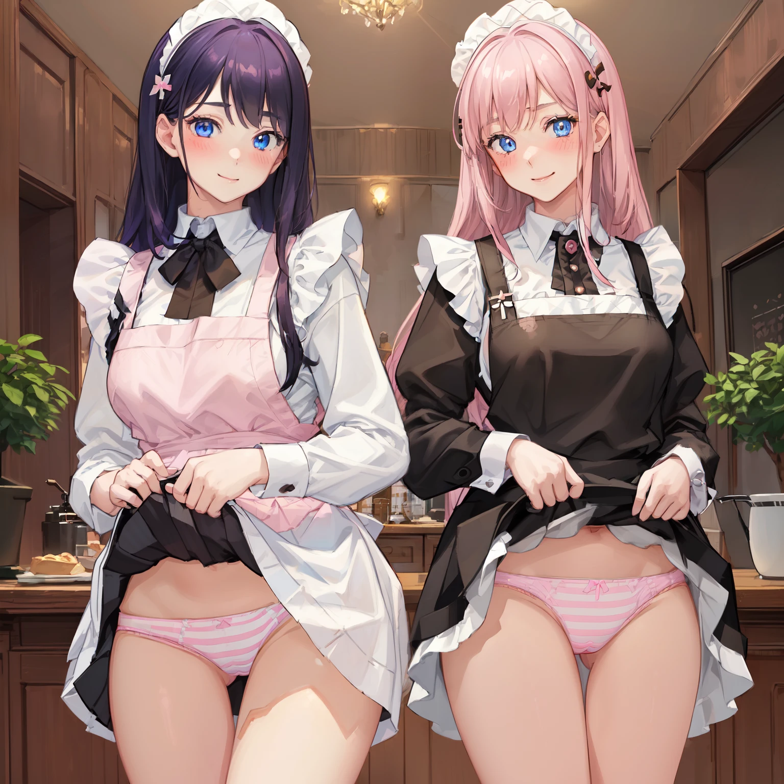 highest quality, masterpiece, ((2 girls:1.5)), ((smile:1.3)), (blush:1.3), Black Shirt, blouse, ((fun!!)), (Small breasts), Blonde, (Long sleeve), ((White apron:1.5)), ((Maid)), ((hair ornaments)), Kamimei, look at me, ((in house:1.5)), Taking a break from watching the audience, Cowboy Shot, (skirtlift:1.3), (Highly detailed pink ed panties:1.3), (Highly detailed panties:1.3), (skirt that rolls up:1.3), (Panties fully exposed:1.5), Light blue eyes, long hair, Glowing Eyes
