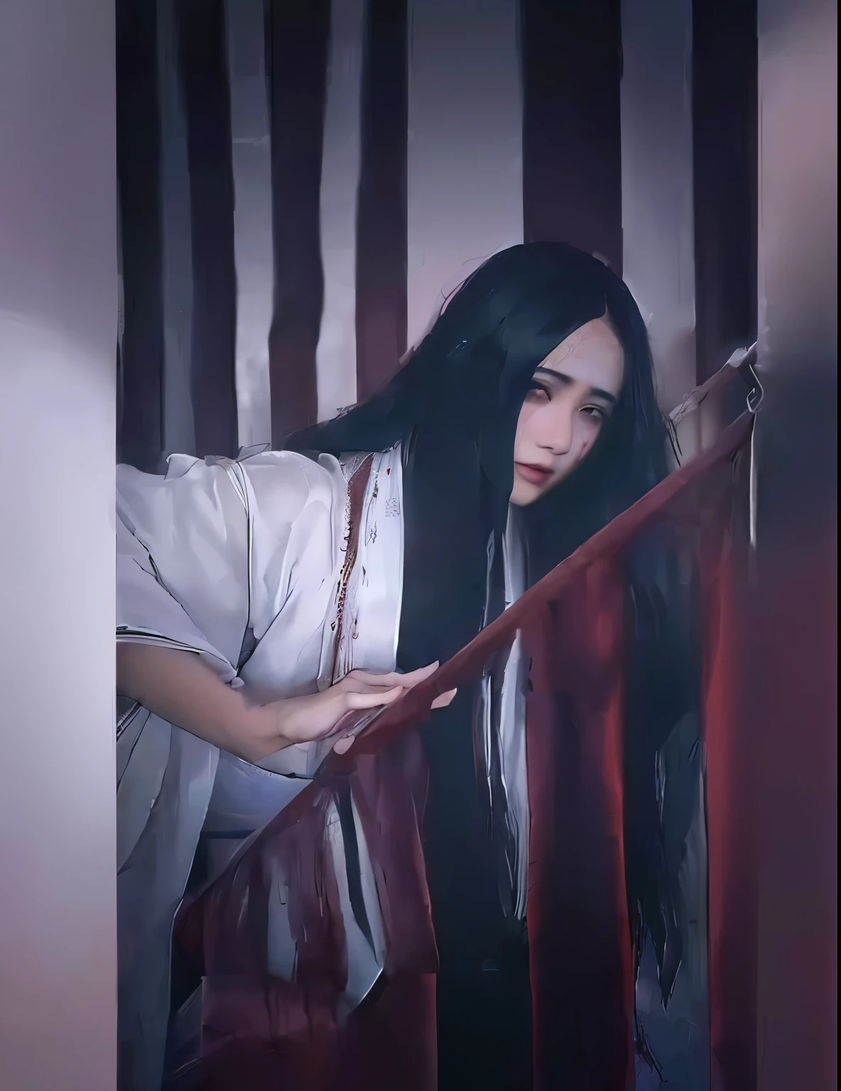 Arabian woman in white robe holding red curtains, Portrait of Sadako from the Ring, realistic Cosplay, japanese gothic, anime Cosplay, anime girl Cosplay, Pale woman covered in blood, Tears of crying blood, Crying and stretching out my arms, Japanese Horror movie footage, Japanese Horror, Cursed Photo, Cosplay, The sharp gaze of the Yuki-onna，8K，RAW Photos），（Best Quality），（Masterpiece Loose），（Realistic，）（写実的でRealistic），（High resolution），Hyper Detail，（Gentel Realism：1.1），Beautiful Face， （1 Female：1.1），High resolution), (8k), (Very detailed), (4K), (Pixiv), Perfect Face, Beautiful eyes and face, (highest quality), (Very detailed), Detailed face and eyes, (alone), Textured skin, Absurd, High resolution, (Dynamic Angle:1.3) (Dynamic Pose:1.3)