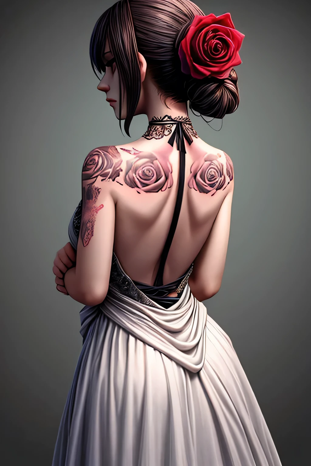 Woman's back view in a halter neck dress has a single rose tattooed on her back