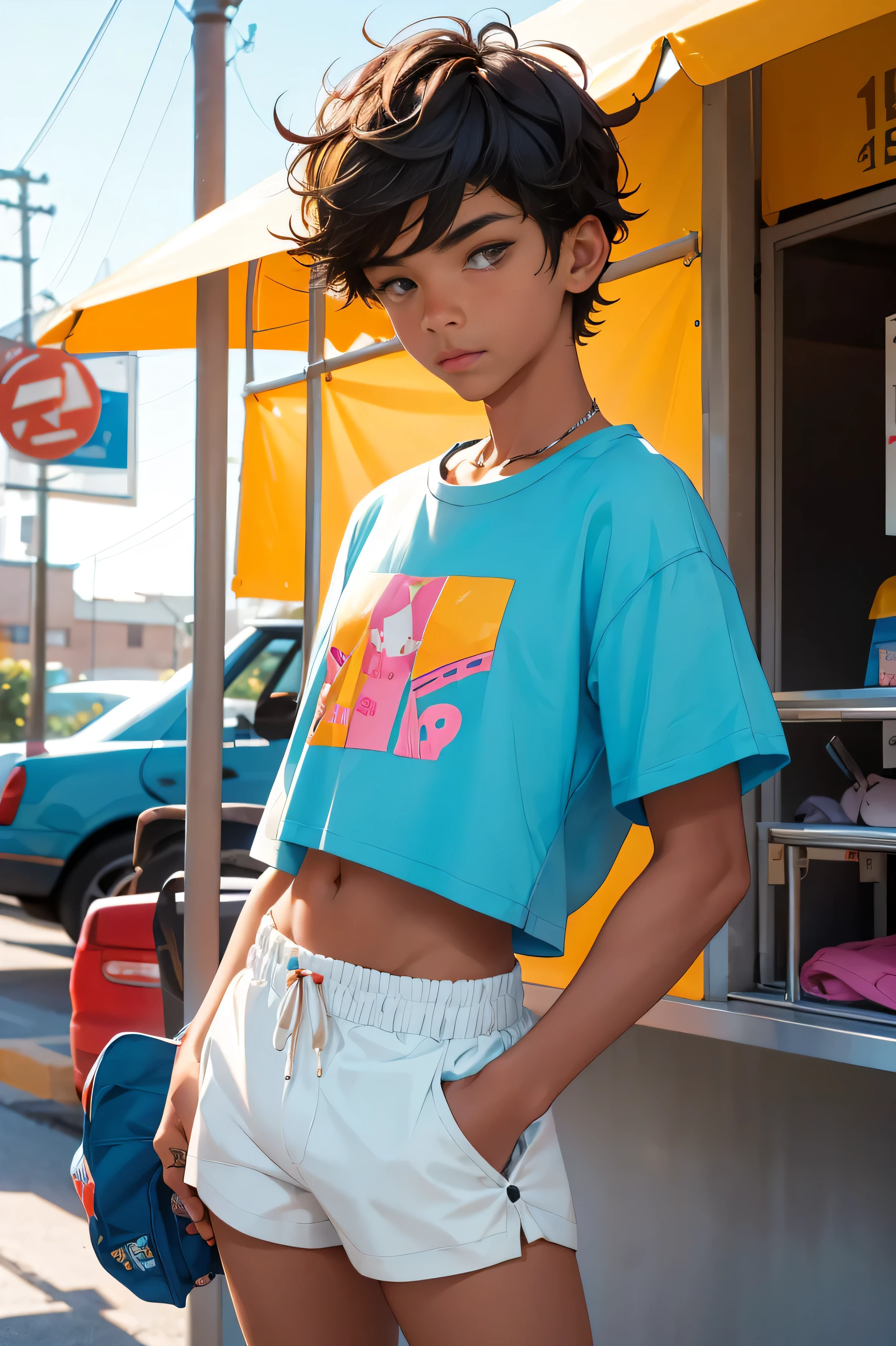 , beautiful teen boy is wearing apped shirt and too very much short mini shorts, the boy's legs are beautiful, tanned, bangs, flirty posing, hot summer, top quality,