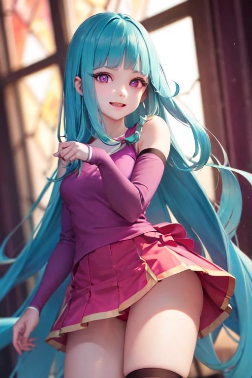 best quality, Super detailed, Pretty Face, Perfect anatomical structure, 1 Girl, Solitary, Memes, Fair skin, long hair, Light green hair, Bangs, pink eyes, Pink skirt, Purple sleeves, Purple knee-length socks, Cowboy shooting,