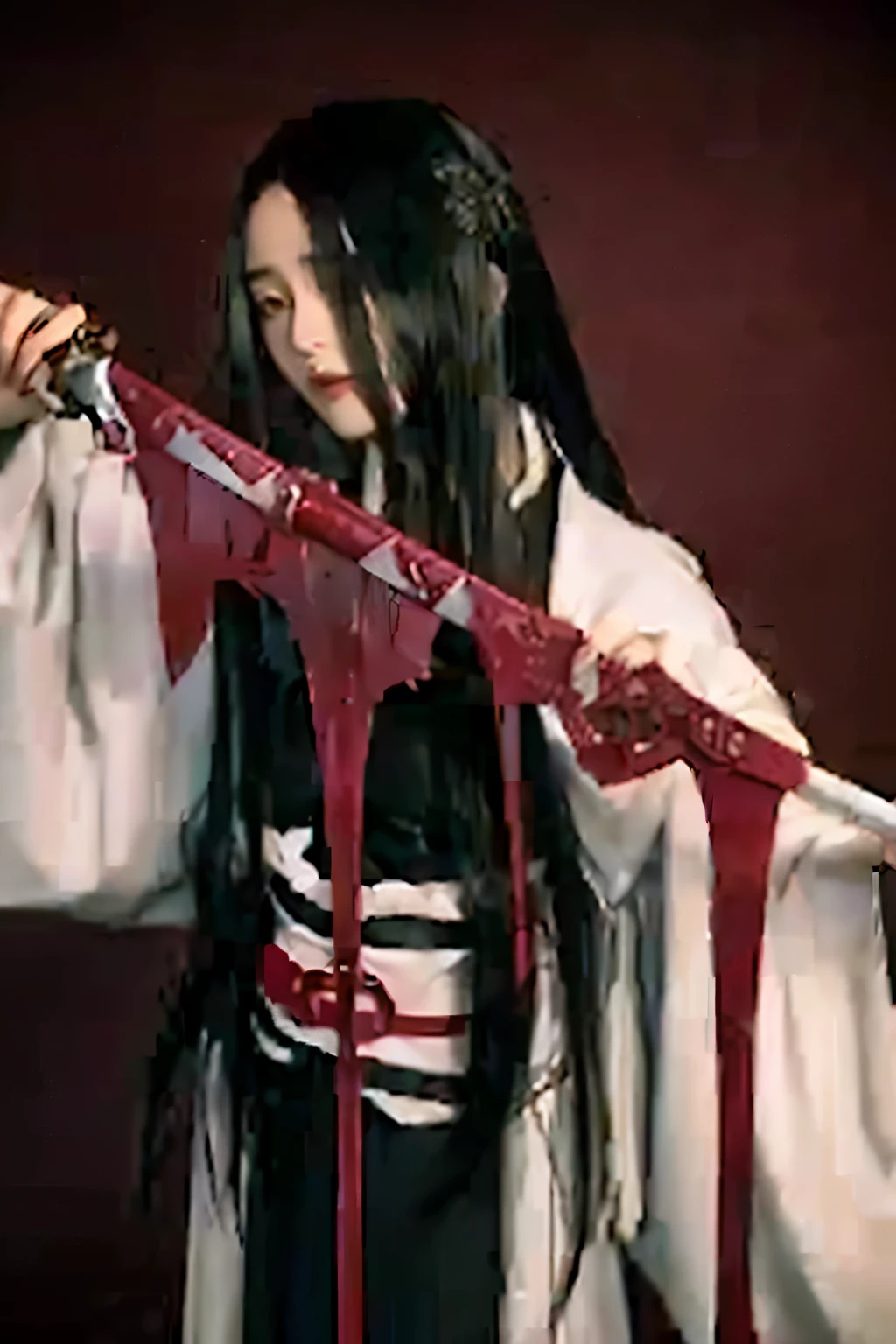 Arabian woman in white robes holding a red sword, She has a sword, Japanese Horror, Portrait of Sadako from the Ring, grim Reaper, That&#39;s horrible, ripped clothes holding whip, Spraying blood, Rurouni Kenshin, Pale woman covered in blood, Dripping with blood, Bloodstained, Dripping Blood, japanese gothic