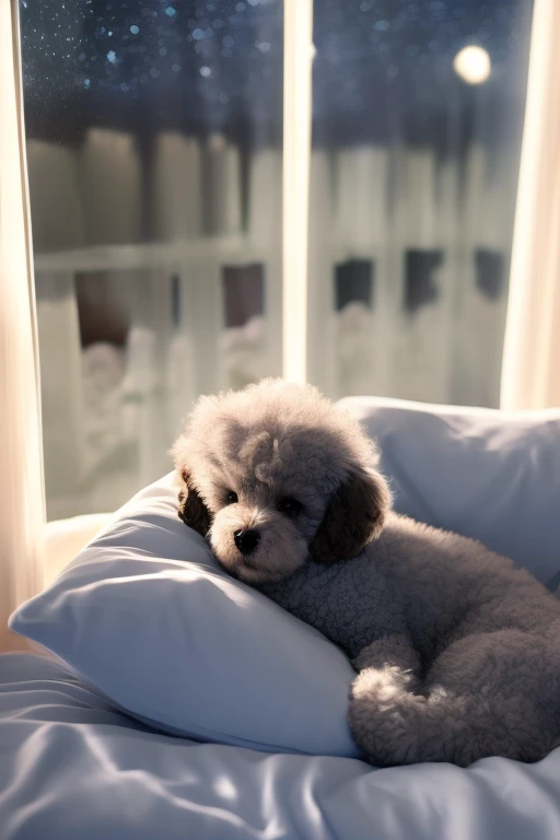 Cute grey toy poodle、is sleeping on a fluffy sofa with his eyes closed。Have a nice dream、The mouth is smiling.。The background is a night room、Outside the window、An image of a shining starry sky。