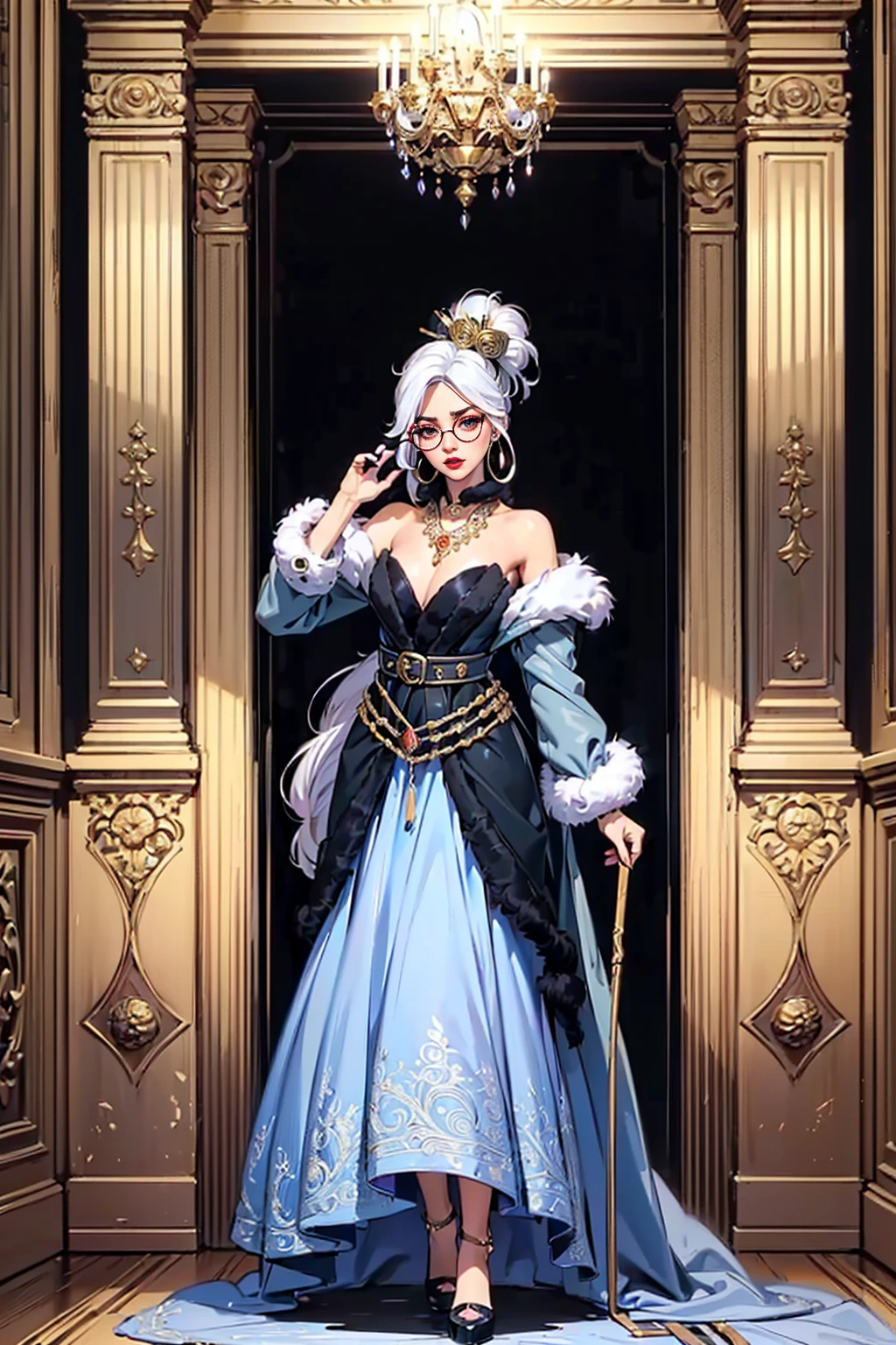 ((Masterpiece, standing,Best Quality, Purah, White Hair, brown Eyes, Red Headband, Hair Ornament, Hair Sticks, Red Glasses, shy, Smug)), ((pink lipstick, Extremely detailed, ambient soft lighting, 4k, perfect eyes, a perfect face, perfect lighting, a 1girl)), (((blue dress, ornate long dress, blue dress)), sexy blue dress))), (((black fur coat:1.4), (ornate dress))), bracelet, winery,wine barrels backgroudn, standing on a barrel, sexy pose, looking at viewer)), eyeshadows, eye liner,glistening eyes, hyper detailed eyes, intricate eyes, beautiful eye, gloves, leather gloves, bracelets, amethyst necklace, hoop earrings))