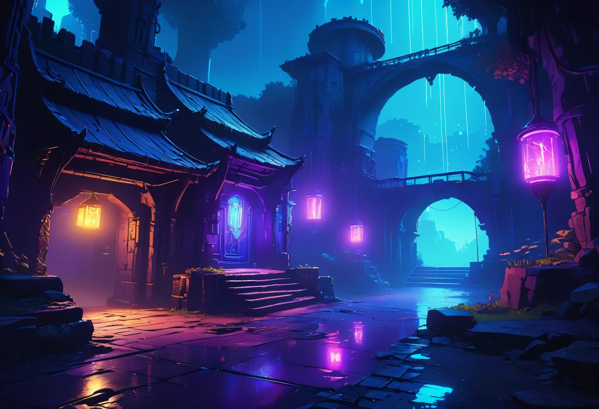 digital painting, cyberpunk location, location from the game, location of the future, neon lights purple and blue, Game Location, blue location, location in blue tones, Rain in the background, glow in the background, Game Location, cute style, Large location, chest in the distance, glowing effects in the background, fog in the foreground with glow effects, Dungeon, dungeon, colorful, No characters, no characters, location only, cute style, anime style, большое dungeon, the forest, no buildings, the forestная локация, dark gaming bright shining location