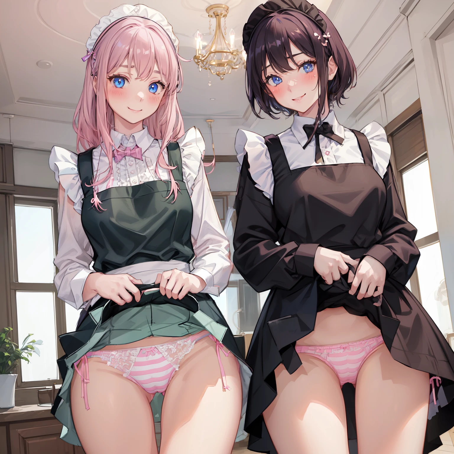 highest quality, masterpiece, ((2 girls:1.5)), ((smile:1.3)), (blush:1.3), Black Shirt, blouse, ((fun!!)), (Small breasts), Blonde, (Long sleeve), ((White apron:1.5)), ((Maid)), ((hair ornaments)), Kamimei, look at me, ((in house:1.5)), Taking a break from watching the audience, Cowboy Shot, (skirtlift:1.3), (Highly detailed pink striped panties:1.3), (Highly detailed panties:1.3), (skirt that rolls up:1.3), (Panties fully exposed:1.5), Light blue eyes, long hair, Glowing Eyes