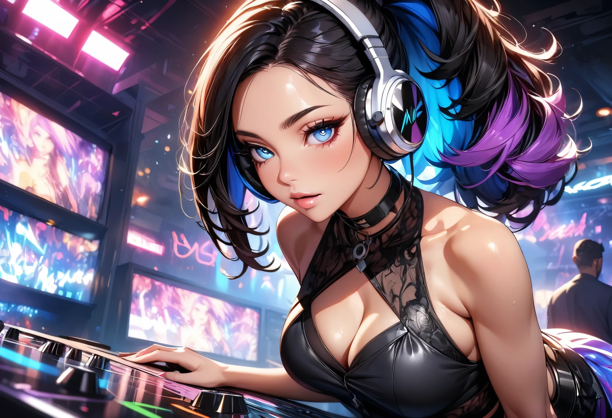 (highest quality:1.2, Ultra-high resolution, High Detail, masterpiece:1.3, highest quality, Best aesthetics), ((one person, woman)), Black Hair, Ponytail hair, choker, Sensual, Sharp Eyes, Dominant, womanDJ, Colorful clothes, Peculiar, Vibrant appearance, creative, Imaginative, Sensual, Voluntary, DJ headphones, Mixing Console, Music Clubs, Nightclub, underground Nightclub, ((Beautiful Eyes, Beautiful eyes, Beautiful Lips, Long eyelashes, Skin Texture, Intricate details)),