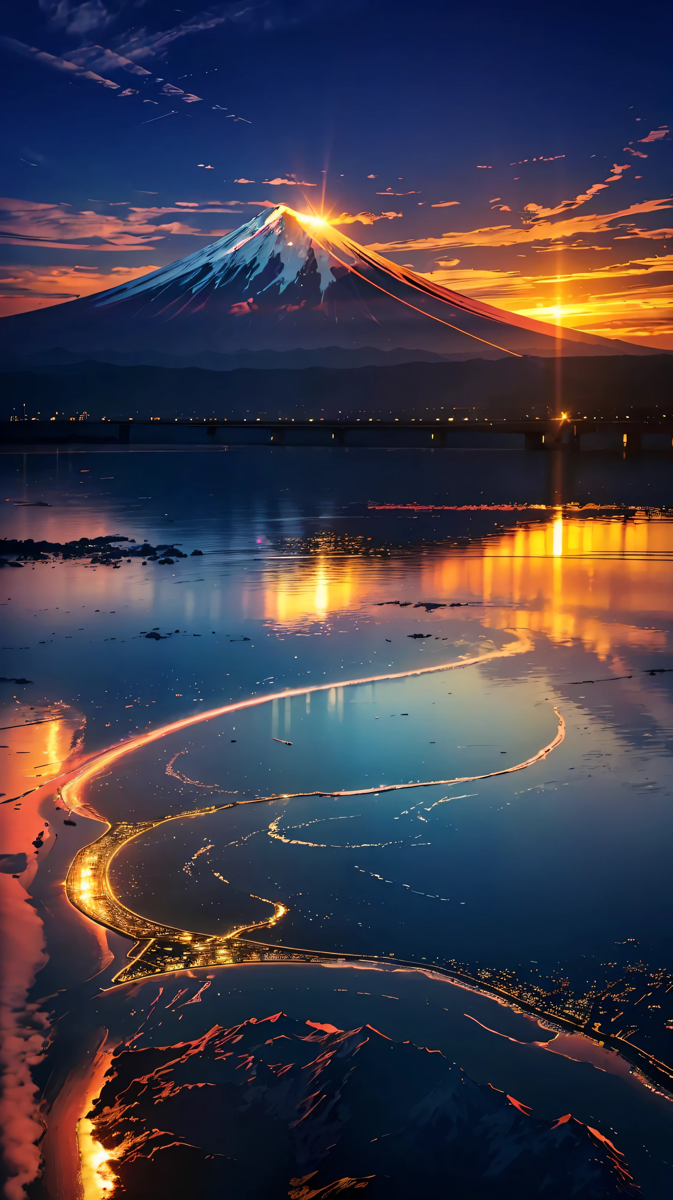 (Ultra-realistic:1.2), High resolution, (Bright colors, High resolution:1.1), (Sharp focus:1.1), (Physically Based Rendering:1.1), Tyndall effect, Colorful lights, (((Light shines through the gaps in the clouds))), Beautiful perspective, Contrasting Shadows, moving composition, Realistic landscape, unique configuration, Soft texture, Intricate details, Mysterious atmosphere, An artistic exploration of light and shadow,Angel Ladder、Golden dazzling light、Sunlight reflecting off the ocean surface、A world view that will captivate all who see it、Mt.Fuji
