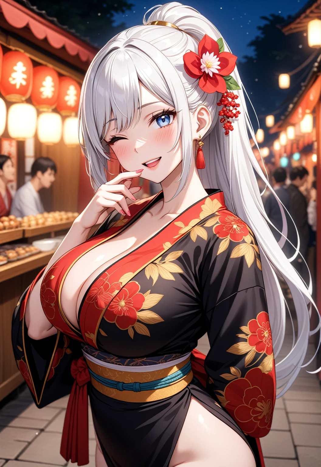 ((one personの女性)), Beautiful Face,Laugh shyly,((Wink:1.7)),Laughing with your mouth open,turn bright red,Glossy pink lips,night,Shrine festival stalls,((Anime style background)),masterpiece, highest quality, so beautiful, up to date, Complex details, (Pink long nails),AI-generated, Complex,High resolution, highest quality, super high quality,3D Images、View your audience、3D Images,one person,Long white hair,High Ponytail,blue eyes,Anime woman posing for a photo, [[Fine grain、Colorful eyes、Shining Eyes:1.15]],(Squint your eyes:1.1),a hyperRealistic , hyperRealistic , Realistic,Long haired white haired anime woman, Smooth anime CG art, A woman in a colorful kimono with gold embroidery, (Black kimono),Red floral pattern,Long flower hair ornament,Big earrings,(Big Breasts:1.1),Mature Body,tall,Big Ass,Fine details,Tight waist,(Face close-up:1.3),Tilt your face,Eat takoyaki
