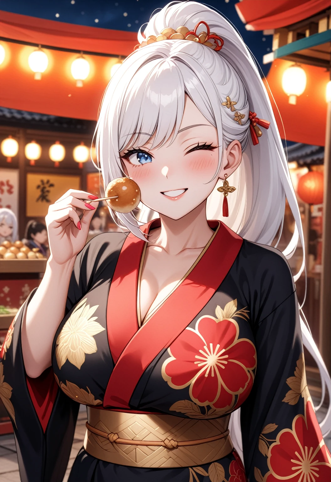 ((one personの女性)), Beautiful Face,Laugh shyly,((Wink:1.7)),Laughing with your mouth open,turn bright red,Glossy pink lips,night,Shrine festival stalls,((Anime style background)),masterpiece, highest quality, so beautiful, up to date, Complex details, (Pink long nails),AI-generated, Complex,High resolution, highest quality, super high quality,3D Images、View your audience、3D Images,one person,Long white hair,High Ponytail,blue eyes,Anime woman posing for a photo, [[Fine grain、Colorful eyes、Shining Eyes:1.15]],(Squint your eyes:1.1),a hyperRealistic , hyperRealistic , Realistic,Long haired white haired anime woman, Smooth anime CG art, A woman in a colorful kimono with gold embroidery, (Black kimono),Red floral pattern,Long flower hair ornament,Big earrings,(Big Breasts:1.1),Mature Body,tall,Big Ass,Fine details,Tight waist,(Face close-up:1.3),Tilt your face,Eating takoyaki