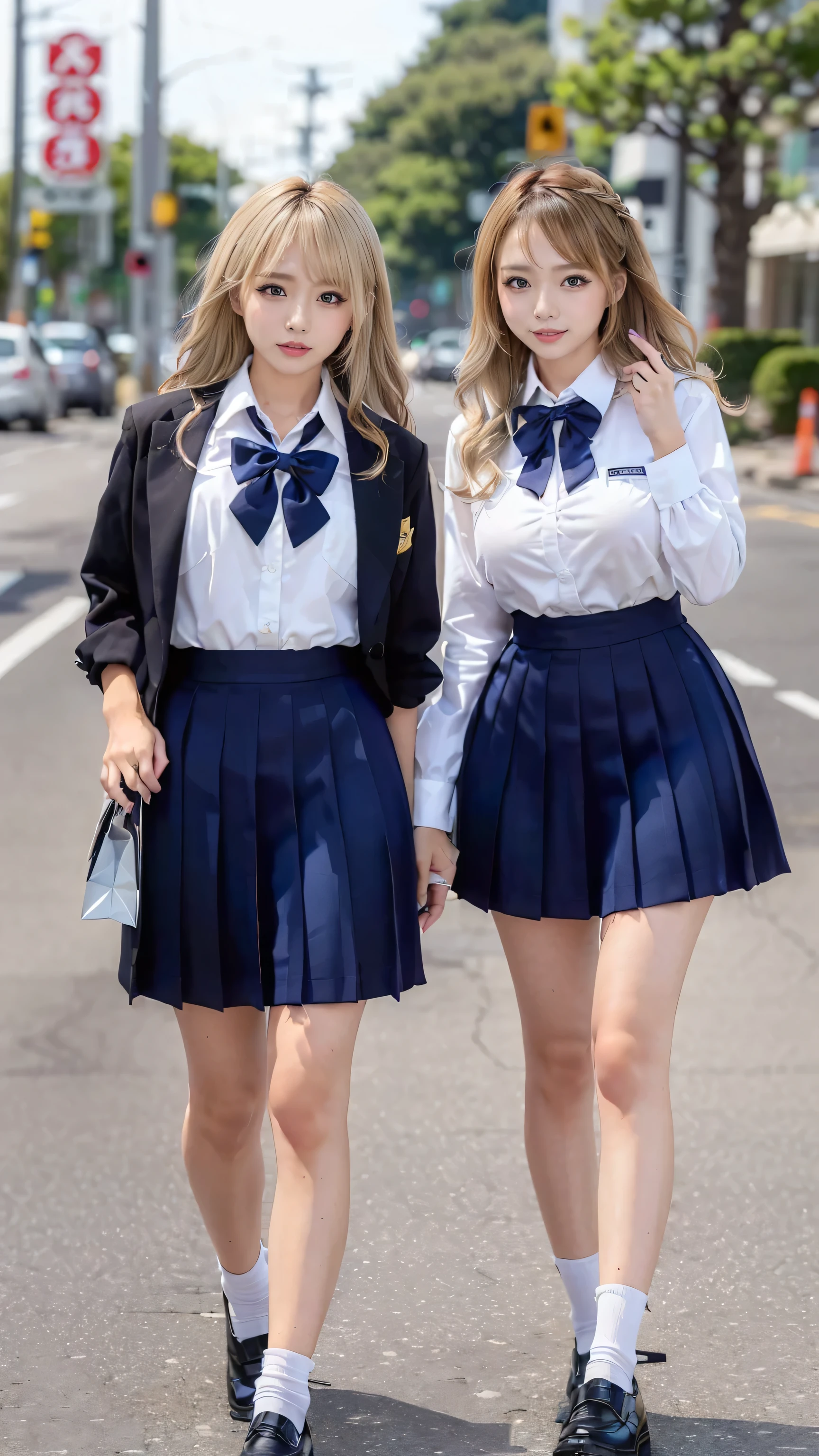 (scene; (2 people:1.8)), Gal, (Shopping mall, Shopping Street, street), (High school girls 2 people), (Standing facing this way, gal pose), (Thin thighs, Long, slender limbs), ((Highly detailed skin), Beautiful realistic face, White skin, Pointed Chest, Perfect Anatomy, Realistic eyes, Natural Eyes, Brown Eyes, Accurate eye focus, Accurate limbs), (Hyper Realist, Ultra-realistic, 4k, Attention to detail, Ultra-high resolution, highest quality, masterpiece, Presence, dynamic, Uplifting, bold, Sharpness), (Huge breasts:1.5), (Cleavage:1.5, Cleavage is almost in sight), (Japanese School Uniform:1.5), Small waist, (Blonde long hair:1.5), (Wavy long hair:1.5), (Curly Hair:1.5), (sleek bangs), (Twin tail hair), (White collared shirt, Pleated mini skirt, Navy colored socks, Black loafers, Ribbon tie), in uniform, Surreal school girl, High waist pleated mini skirt, tall, (Full body photo, Full body image, Full body portrait), in uniform, smile, (Two cute girls standing:1.8),