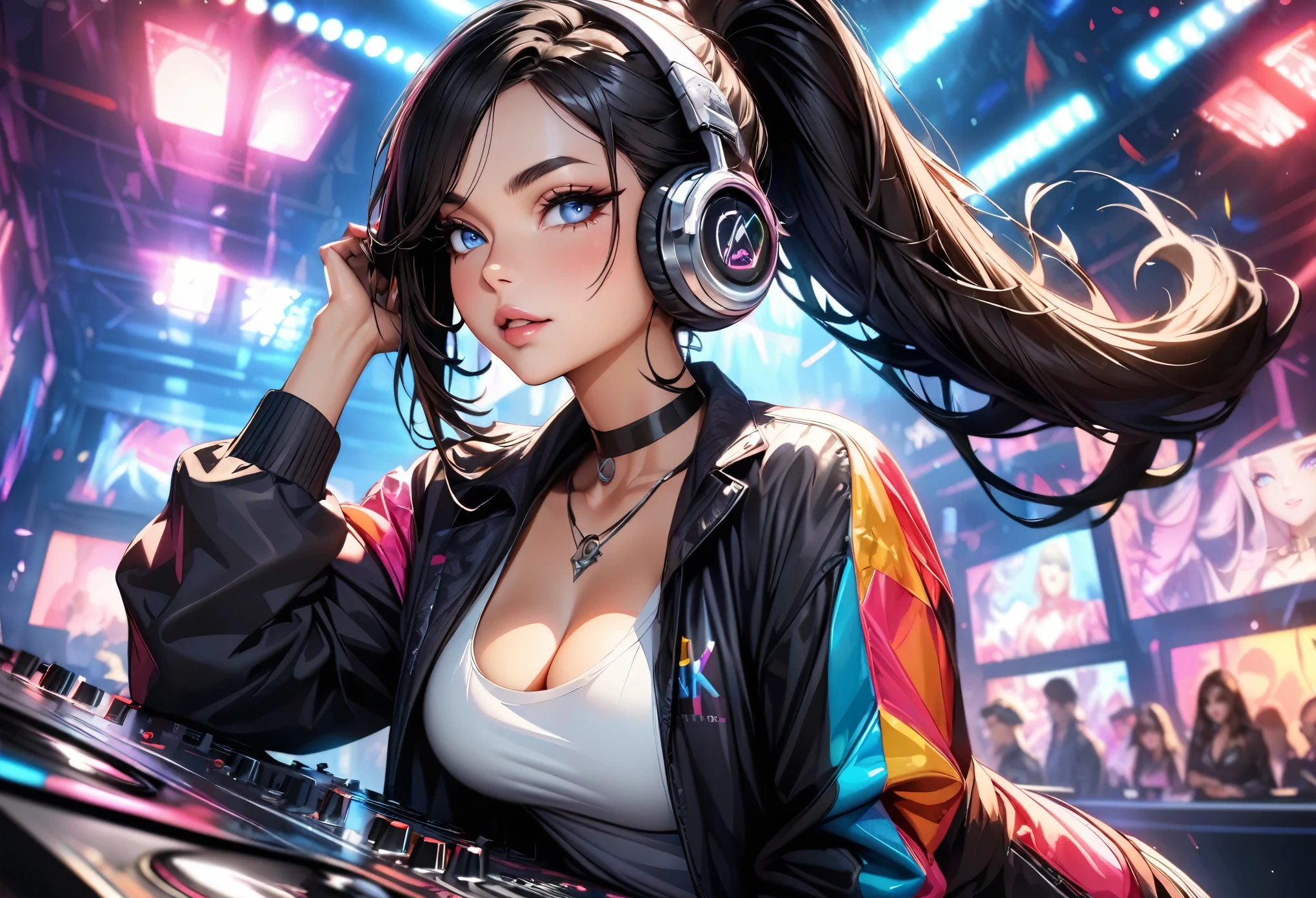 A sensual beauty with ample assets, headphones on and eyes closed, completely immersed in the smooth sounds of lo-fi beats., gta style