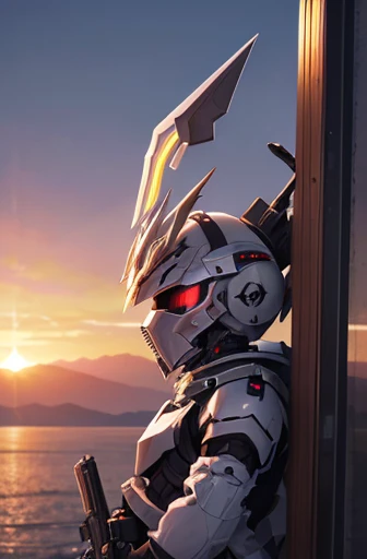 MECA,Mobile weapons,white,Nightmare Frame,sunset,{masterpiece},{perfection},{high quality},Iron Mask