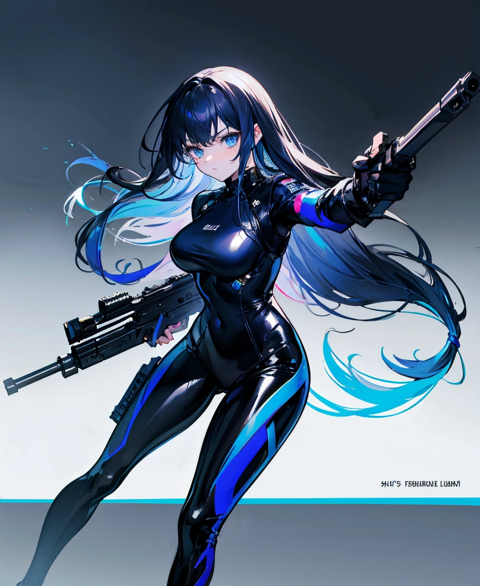 There is no background,girl,Carry a firearm,Patent leather tight suit,Use of firearms,Navy blue long hair,attention arousal,Blue colored eyes,No gradients