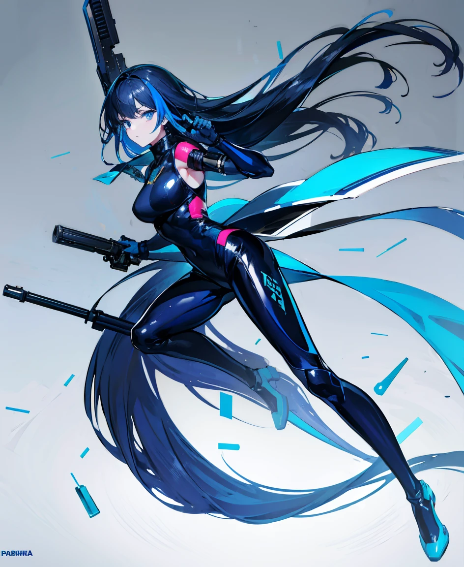 There is no background,girl,Carry a firearm,Patent leather tight suit,Use of firearms,Navy blue long hair,attention arousal,Blue colored eyes,No gradients