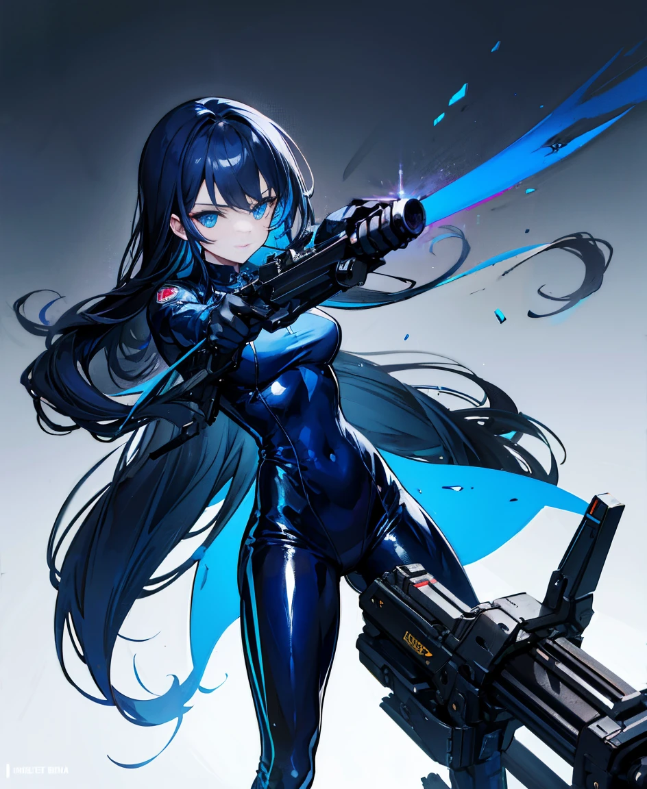 There is no background,girl,Carry a firearm,Patent leather tight suit,Use of firearms,Navy blue long hair,attention arousal,Blue colored eyes,No gradients