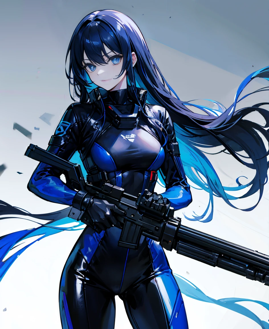 There is no background,girl,Carry a firearm,Patent leather tight suit,Use of firearms,Navy blue long hair,attention arousal,Blue colored eyes,No gradients