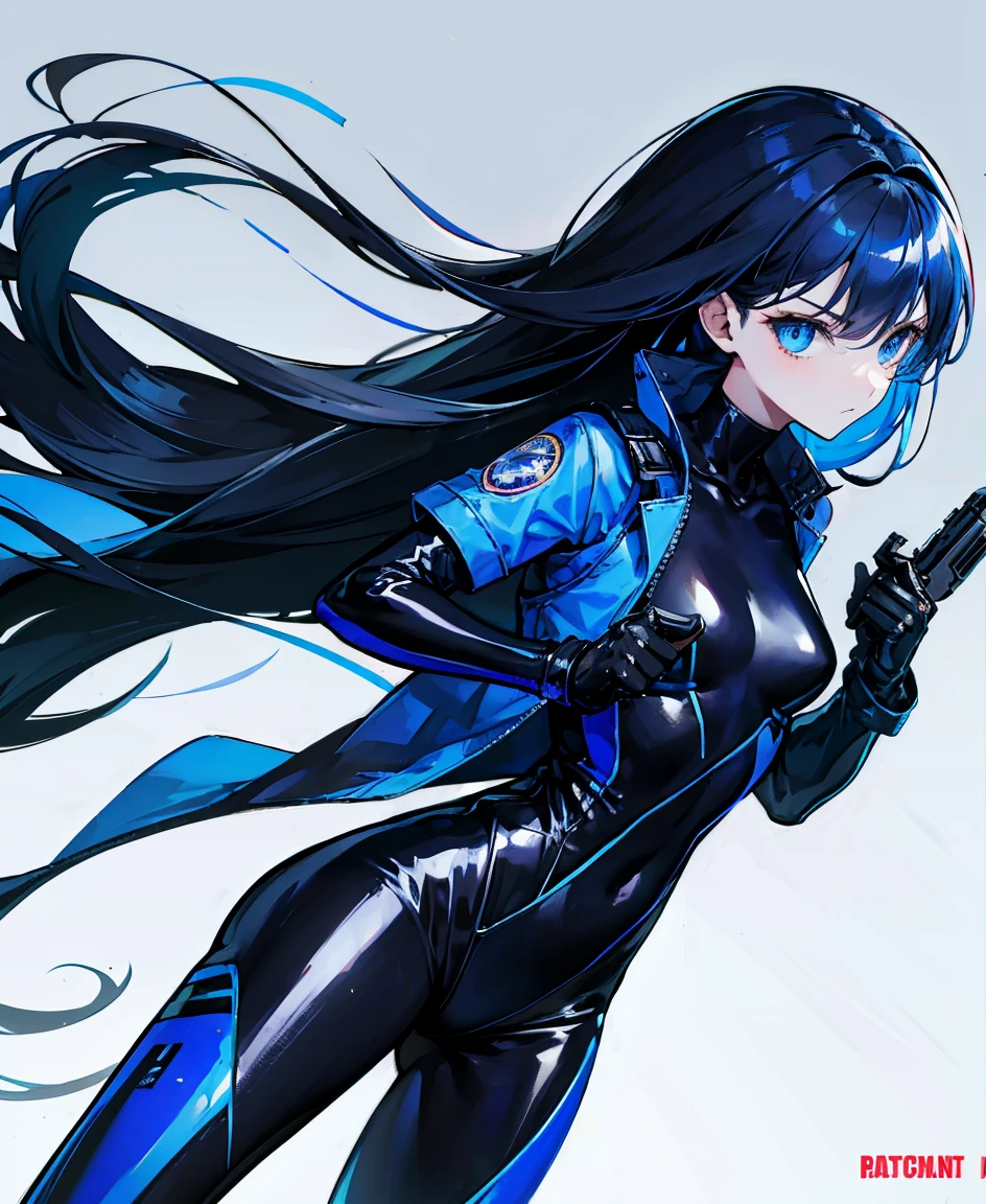 There is no background，girl，Carry a firearm，Patent leather tight suit，Use of firearms，Navy blue long hair，attention arousal，Blue colored eyes,No gradients