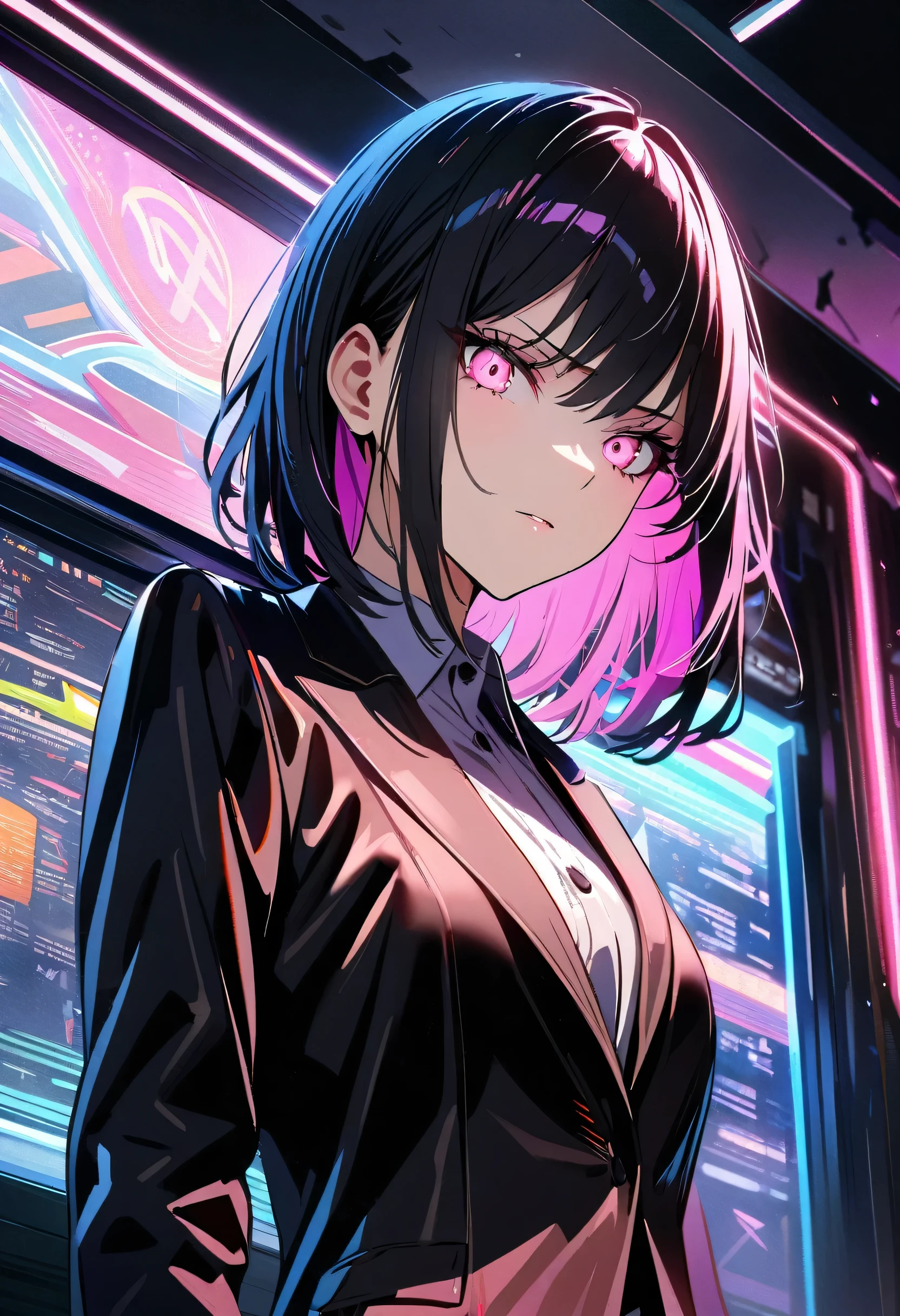 16k, High resolution, RTX, Ray Tracing, Natural light, Absurd, Top quality masterpiece, Perfect anatomy and highly detailed face, Fine grain, One girl, alone, Wearing a business suit, shirt, Open the top button, Beautiful Hair, very beautiful, Edgy, nice, Evil Aura, the wind is strong, Glowing Eyes, Serious expression, dystopian city, Futuristic, Detailed Background, Awards, Neon Light, Talked about at the art station