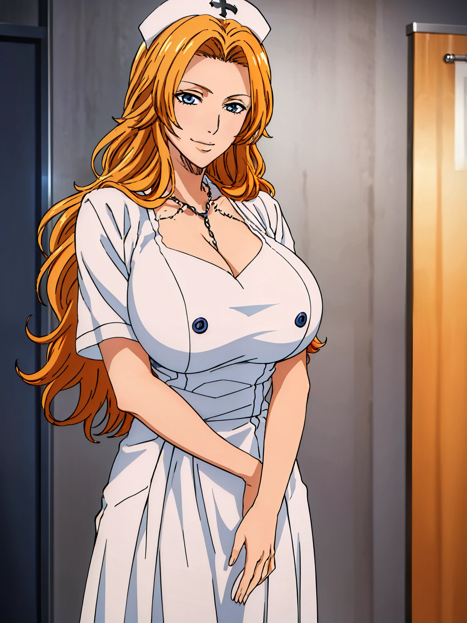 white nurse outfit, white nurse hat, nurse room background, anime cels style, best quality, high resolution, 1girl, (huge breasts:1.2), beautiful face, orange hair, wavy hair, long hair, blue eyes, cowboy shot, smiling, blushing