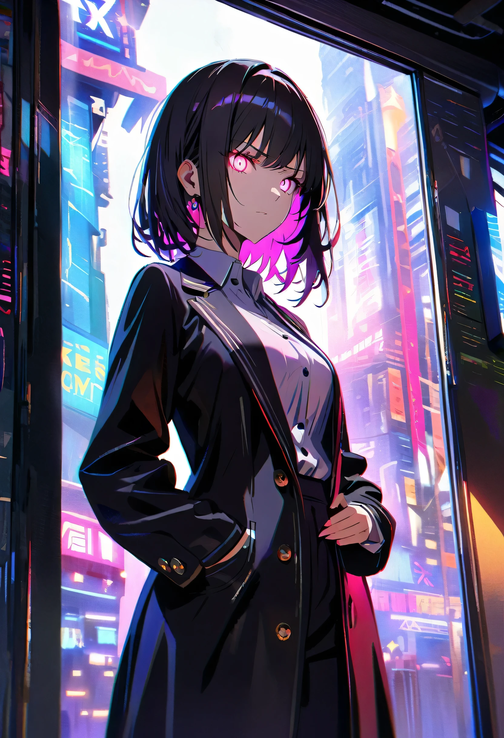 16k, High resolution, RTX, Ray Tracing, Natural light, Absurd, Top quality masterpiece, Perfect anatomy and highly detailed face, Fine grain, One girl, alone, Wearing a business suit, shirt, Open the top button, Beautiful Hair, very beautiful, Edgy, nice, Evil Aura, the wind is strong, Glowing Eyes, Serious expression, dystopian city, Futuristic, Detailed Background, Awards, Neon Light, Talked about at the art station
