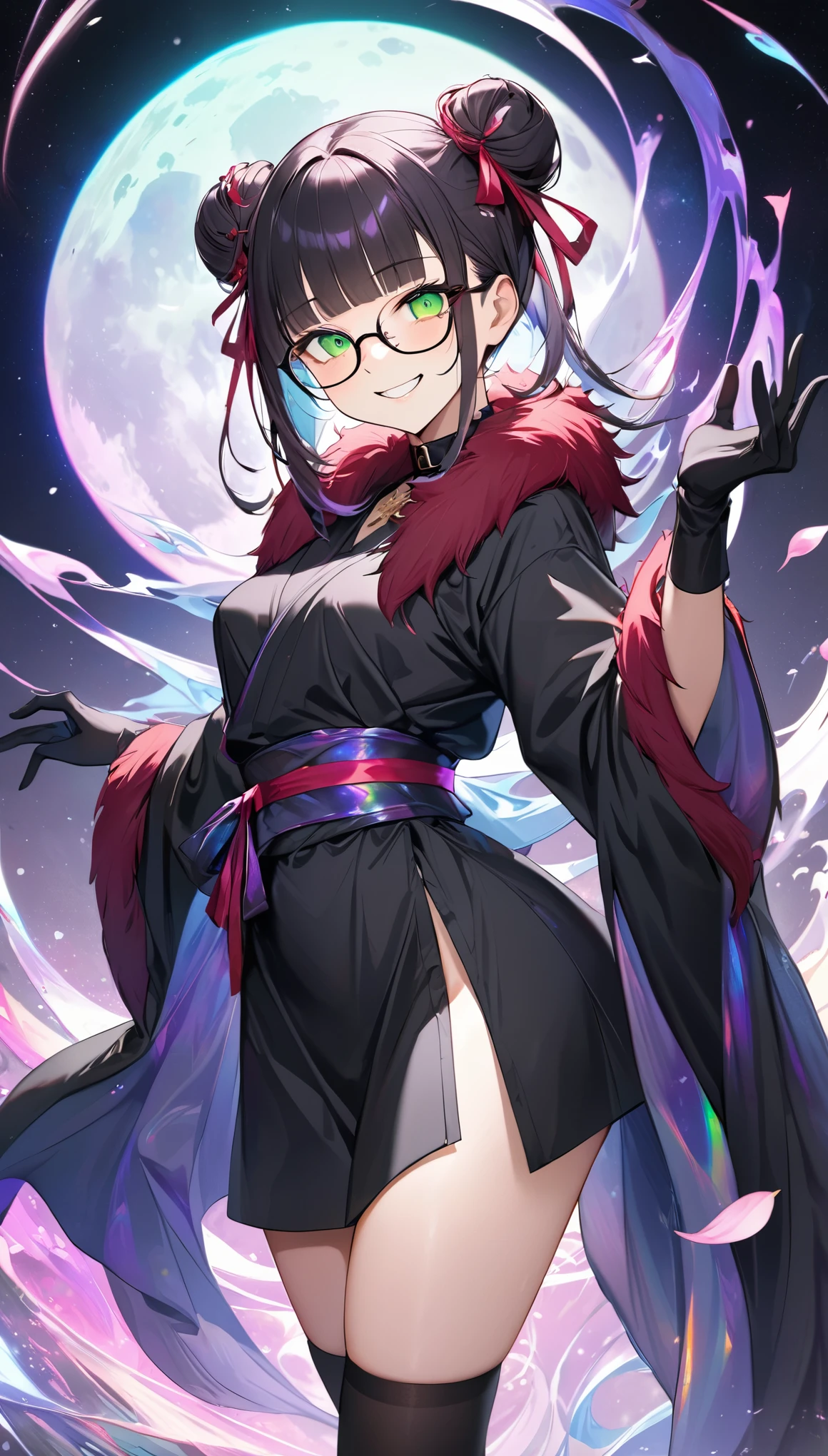 best quality, super fine, 16k, incredibly absurdres, extremely detailed, delicate and dynamic, cool and cold beauty, glasses, shining green detailed eyes, captivating look, aroused expression, evil smile, teasing smile, grin, lewd smile, wearing long black robes with red fur on the collar, sleeves and hem and a ribbon at the waist, black knee-high socks, black gloves, black twin buns hair, blunt bangs, superlative body proportion, beautiful pose, iridescent petals fluttering down, iridescent pastel color light effects, ominous purple aura swirls effects, background on the moon, galaxy