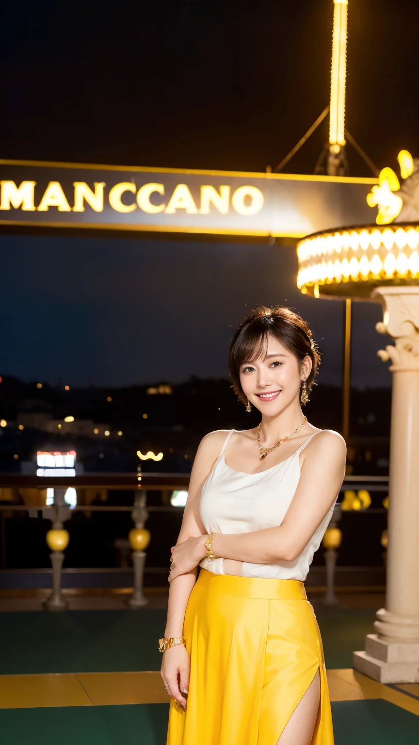 (RAW Photos:1.2), (Realistic:1.4),Beautiful detailed woman,非常にFine Eyesと顔, Fine Eyes, Very detailed,High resolution, Very detailed,highest quality,Awareness-raising,Unified,8k wallpaper,masterpiece,highest quality,1 female,alone,rich,Esbian all over,(A little chubby:0.85),Thick legs,alone,（Yellow short sleeve dress）、(Long tight skirt:1.6),(pumps）,jewelry, necklace ,short hair,A kind smile,A dignified atmosphere,black eye,Realistic,（In front of the Casino in Monaco:1.6)、Casino building in the background、blue sky、（Daytime sun:1.4）、(Stand upright：1.4）