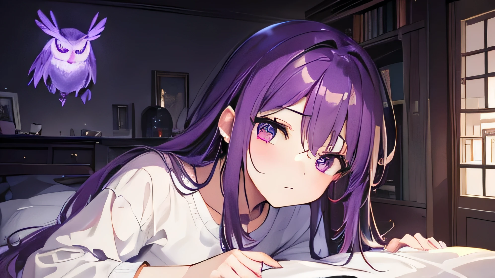 (T masterpiece，4K wallpaper，highest quality))、((girl１people々々))、(One people々in)、wonderful，(Purple Hair)、(Shortcuts:1.3)、Bedroom、Sleeping in bed、There is an owl、You can see the whole room,Dark Room