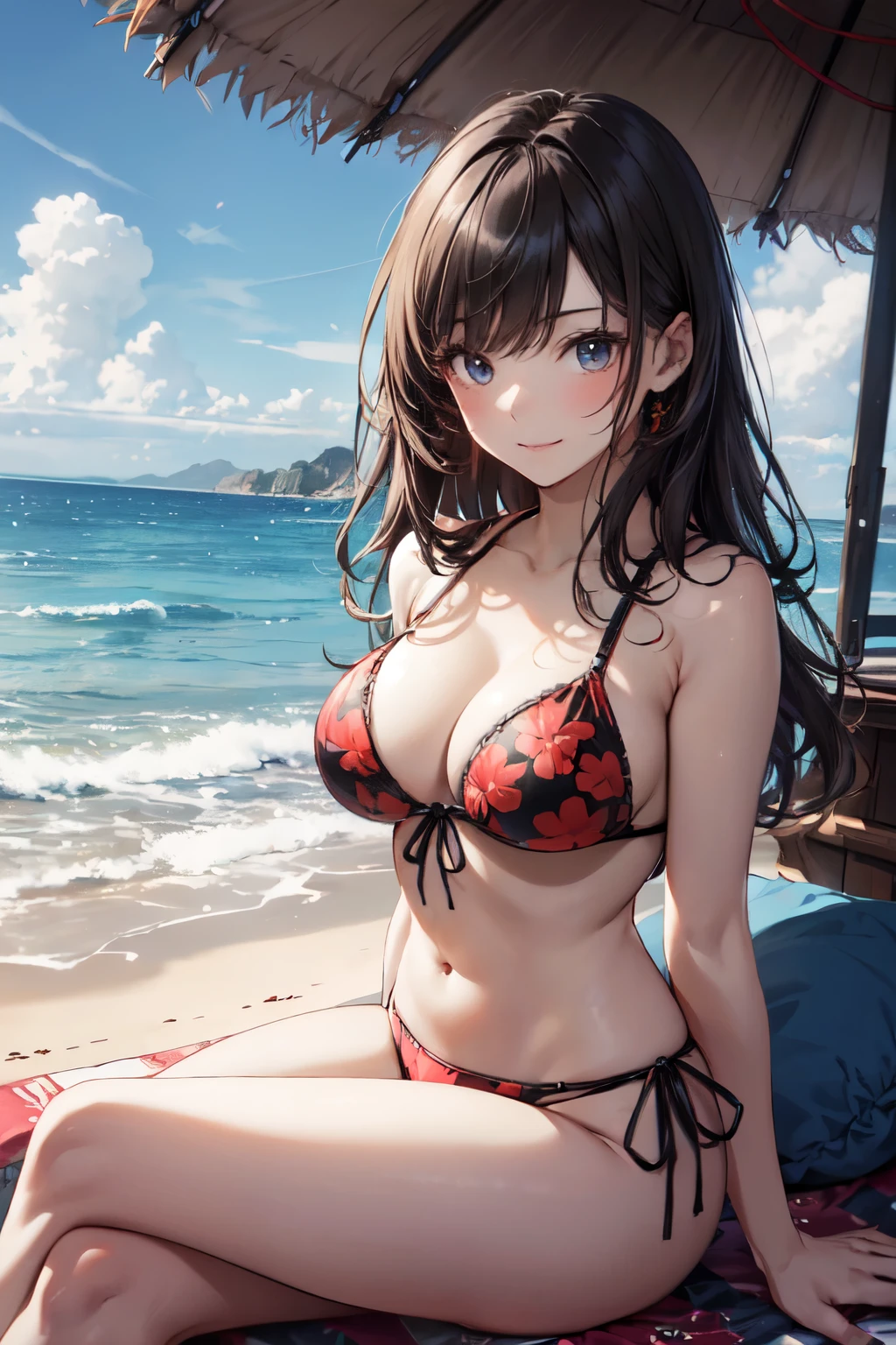 very cute and beautiful girl,(highly detailed beautiful face and eyes),red flower pattern bikini,
sitting,beautiful legs,beach,distant rugged cliffs,(smile),happy,looking at viewer,black hair,
(best quality,masterpiece),absurdres,highres,ultra-detailed,extremely detailed,32k,
cinematic scene,detailed background,solo,dynamic angle,
hair fluttering in the wind,beautiful detailed sky,(realistic),perfect hands,