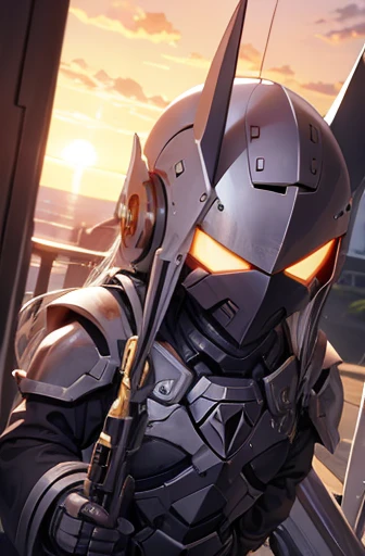 MECA,Mobile weapons,white,Nightmare Frame,sunset,{masterpiece},{perfection},{high quality},Iron Mask