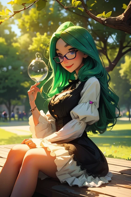 A green haired woman with violet eyes and glasses with an hourglass figure in a cute lolita dress is sitting on a branch in the park with a big smile