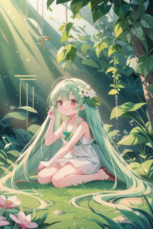 masterpiece, (key anime visual), (HDR), (best quality), hi-res, (1 anime girl with red eyes and white skin), adolescent, (((light green hair))), (((straight hair that goes to her knees))), wearing a plain white sleeveless mini dress, wearing tan sandals with no socks, (((small breast))), in a garden, happy face, cute, looking up at camera, body angled, kneeling, bangs part left, left part, asymmetrical bang, wavy hair on both sides of her face that goes to her elbows, 1 single silver heart necklace on thin silver chain,