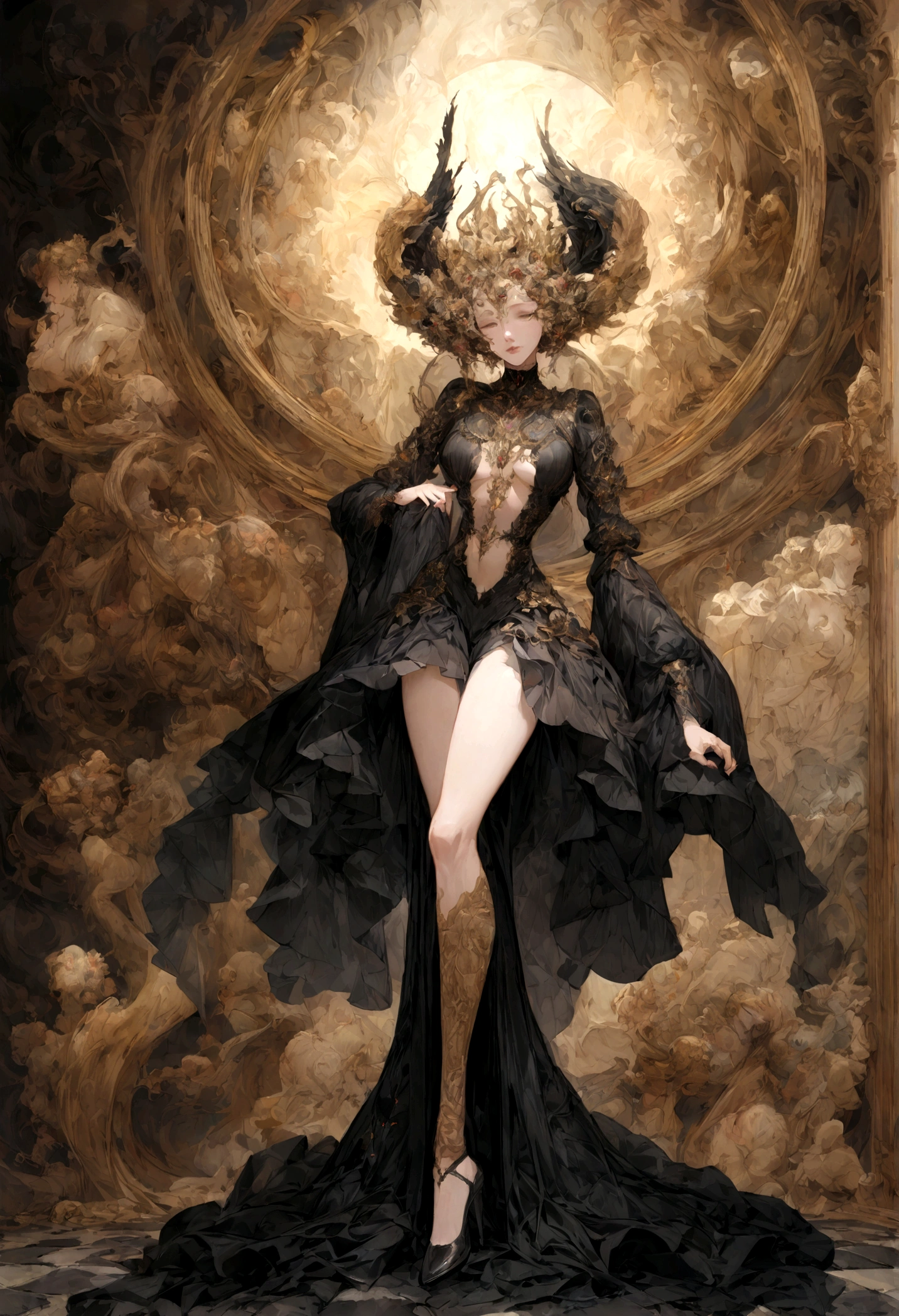 Hyperdetailed oil painting, balanced and reciprocal [glitch] still, (meditative: 1.2), (koan), matte, understated, (harmonic), cerebral, (interconnect), (introspect), psyche, concept: "I Will Wear High Heels So That You Will Hear My Approach On The Cobblestones, And You Will Have Time To Repent."