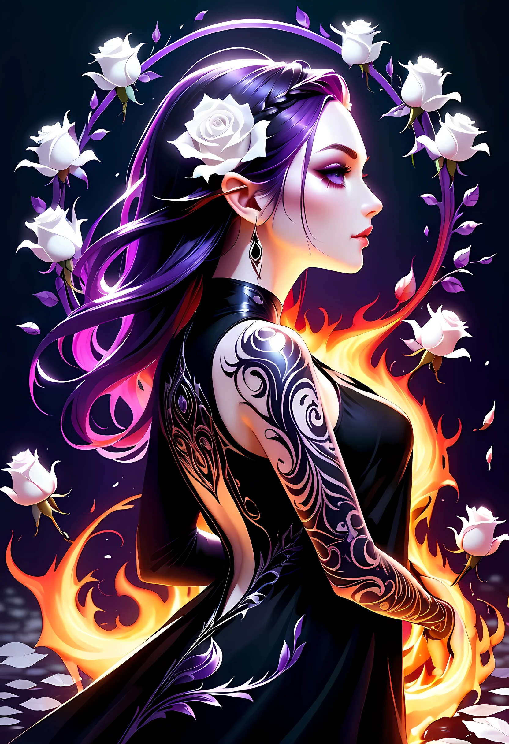 Arafed, Dark fantasy art, fantasy art, goth art, a picture of a tattoo on the back of a female elf, a glowing tattoo of a ((white rose: 1.3)) the ((rose tattoo)) is vivid, intricate detailed coming to life from the ink to real life, GlowingRunesAI_purple, ((fire surrounds the rose petals: 1.5)), shoot taken from the back, ((the back is visible: 1.3), she wears a transparent  black dress, the dress is elegant, flowing, elven style, that the tattoos glow, dynamic hair color, dynamic hair style, faize, 