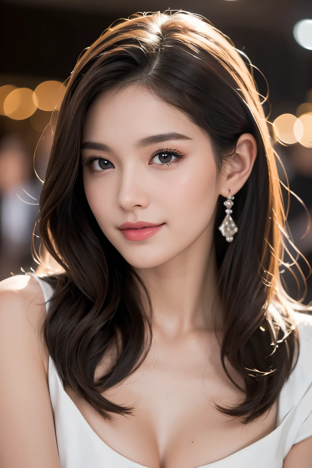 (best quality,4K,8K,highest resolution,table top:1.2),very detailed,realistic,Beautiful woman,detailed eyes,detailed lips,more detailed face,long eyelashes,luxury shopping mall,latest fashion items,happy smile,(touch one&#39;s cheek),vivid colors,studio lighting