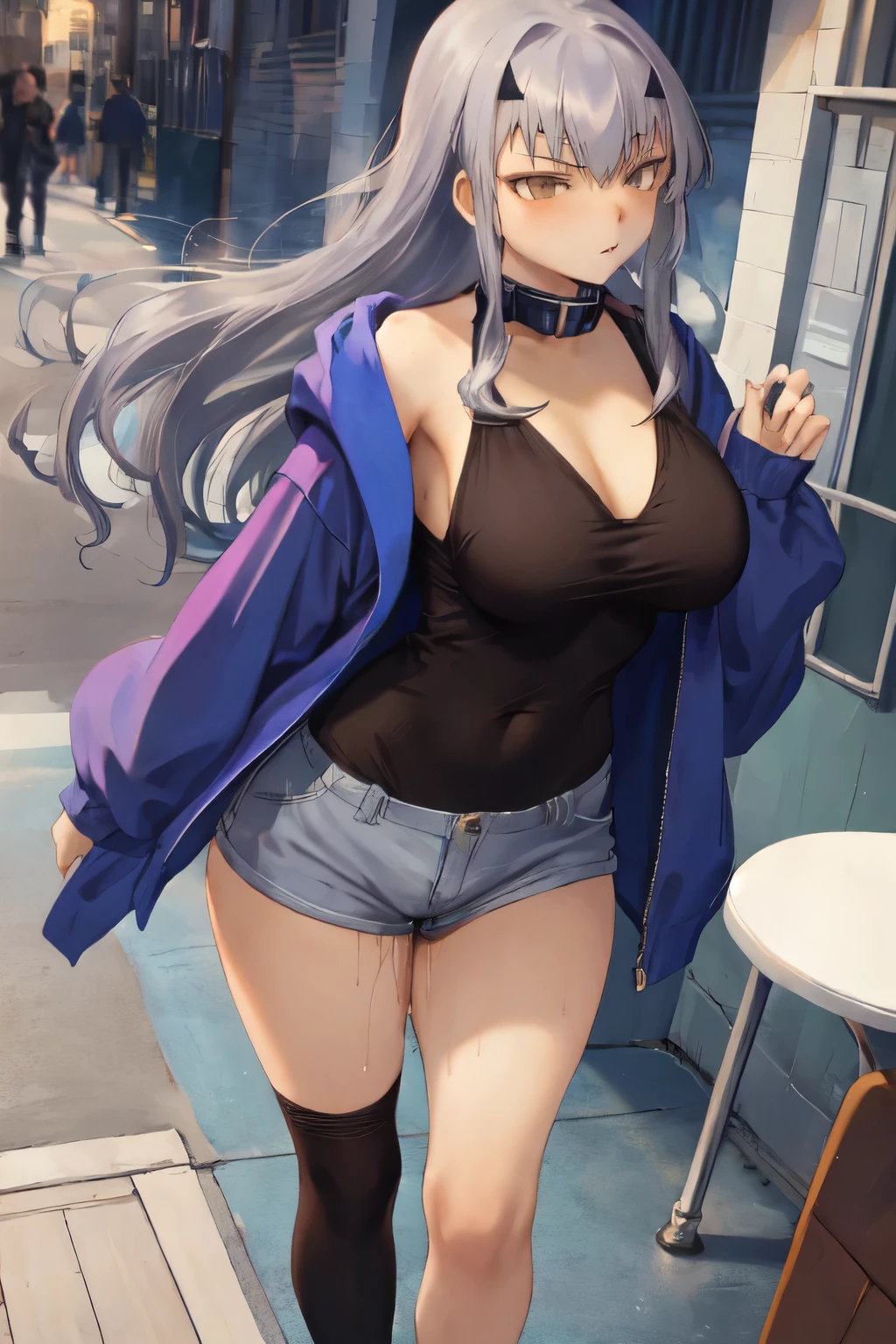 masterpiece, highest quality, (One girl, Braiding, Large Breasts,Blue hoodie, Are standing, View Audience,Dolphin Shorts,),Detailed Background、A person who writes in detail、Accurate human body、Knowledgeable person、Five correct answers、Mature Woman,Melusine, (Brown eyes:1.5), Long Hair, ((Gray Hair)), Side Lock,Long sleeve、Knee socks、Thighs、白いKnee socks、,((Pussy juice)),((Slave Collar))