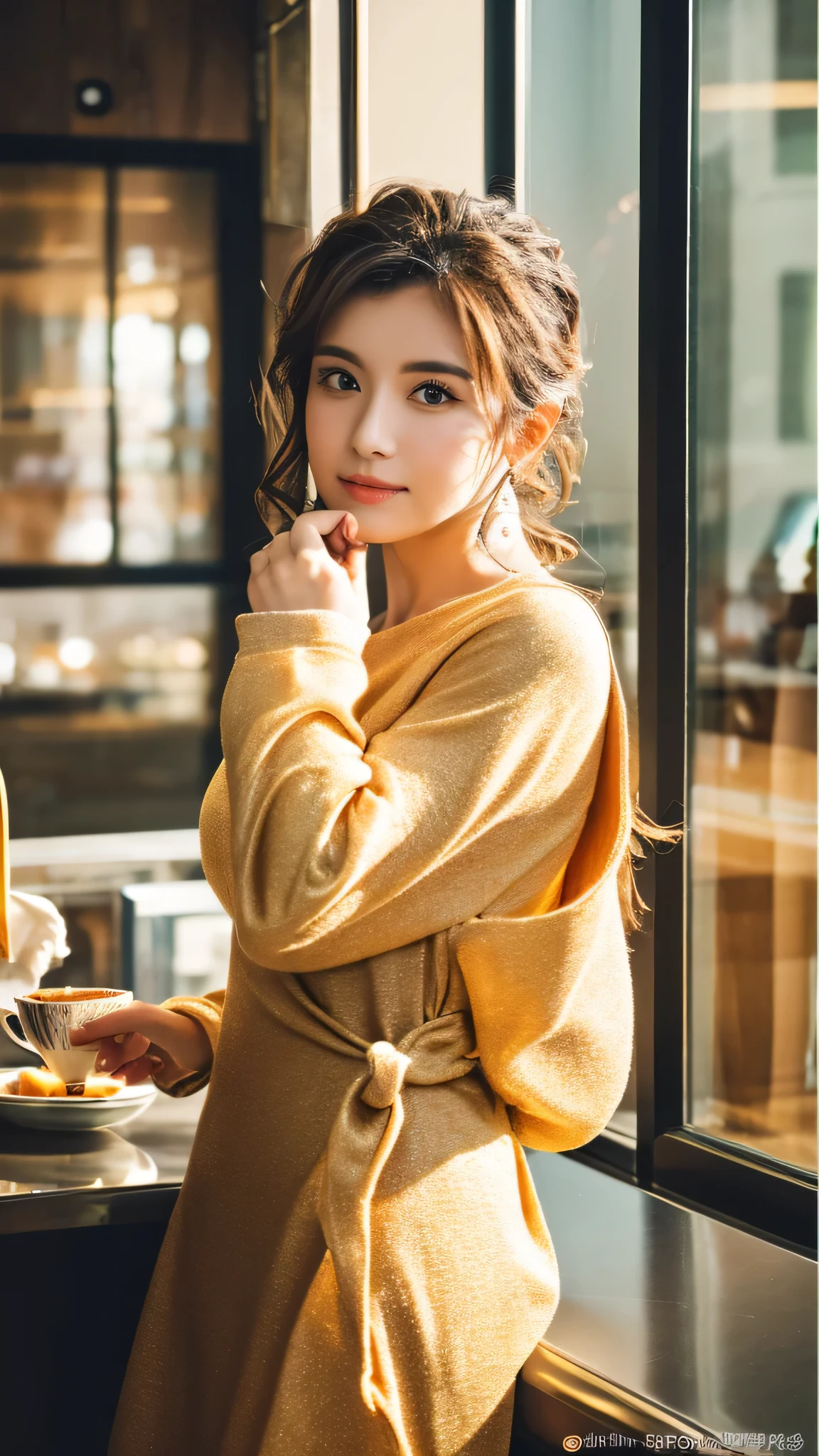 super high quality, thin, Counter in the back, (8k、RAW Photos、highest quality、masterpiece:1.2), Stylish cafe, Fashion Magazine photoshoot, (Realistic、Realistic:1.37), Beautiful Face , Urban Cafe, Golden Ratio, RAW Photos,  Blurred Background, curl, Spring Clothes, beauty, 3. Dress neatly, 
