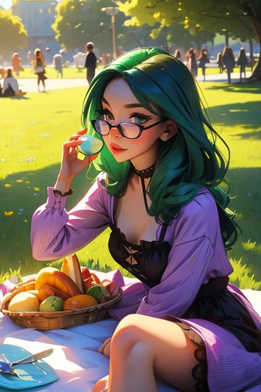 A green haired woman with violet eyes and glasses with an hourglass figure in a cute ta dress is eating a picnic at the park in the afternoon sun