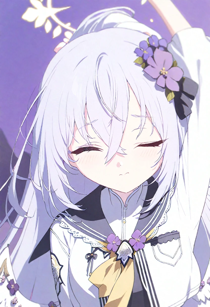 azusa \(blue archive\), 1girl angel_wings arm_up black_dress black_sailor_collar crossed_bangs dress falling_petals feathered_wings flower grey_hair hair_flower hair_ornament halo hand_up jacket light_blush long_hair long_sleeves looking_at_viewer low_wings neckerchief one_eye_closed petals pink_eyes purple_background purple_flower rubbing_eyes sailor_collar simple_background solo stretching teardrop upper_body very_long_hair waking_up white_jacket white_wings wings yellow_neckerchief