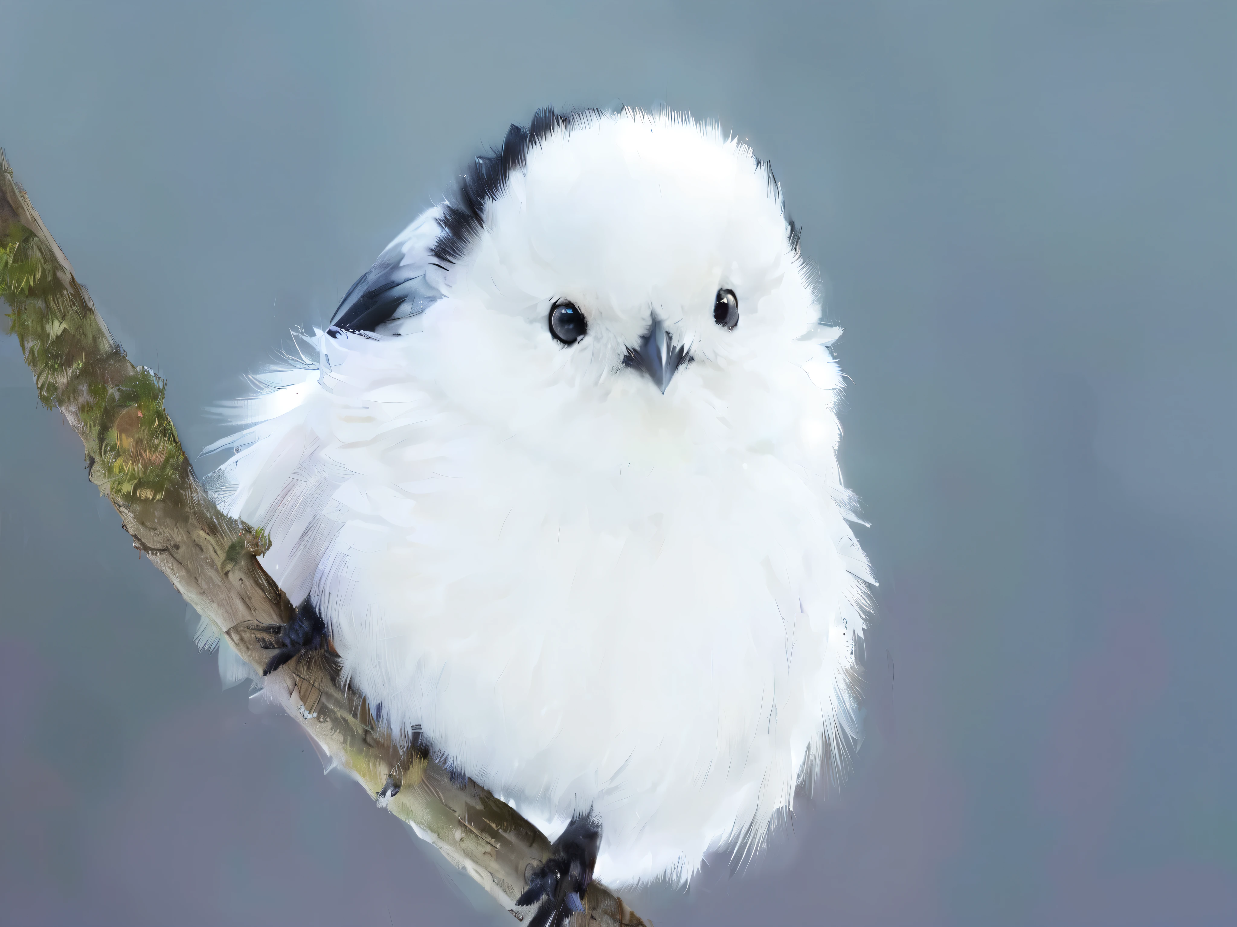 A northern long-tailed tit,Round body shape,White feathers,Small fluffy hair,Black bright eyes,Black short beak,Perched on tree branches,Tilting his head and looking into the distance